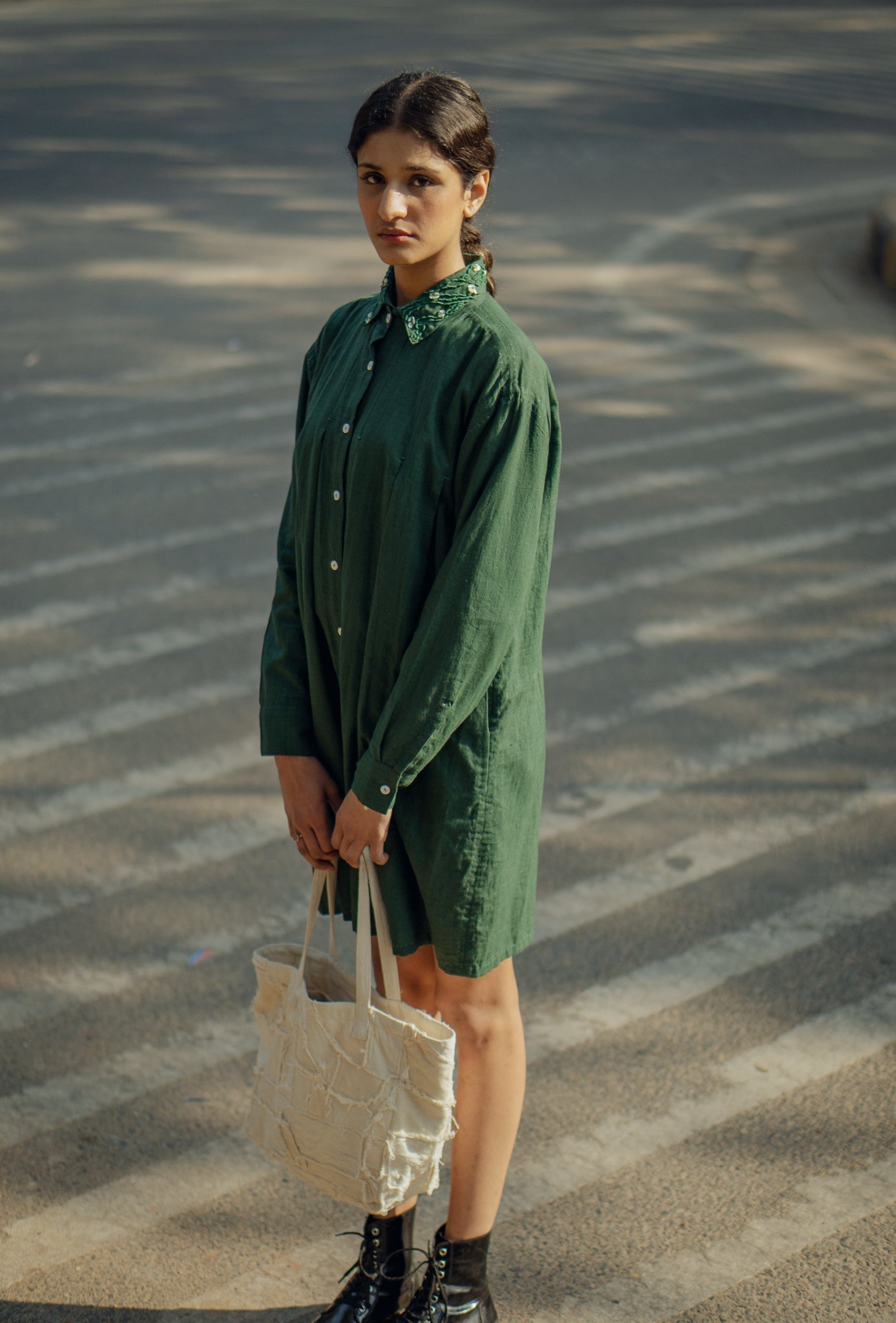 Pleated Dress by Lafaani with 100% pure cotton, Casual Wear, Green, Mini Dresses, Natural with azo free dyes, Organic, Regular Fit, Rewind, Rewind by Lafaani, Solids, Womenswear at Kamakhyaa for sustainable fashion