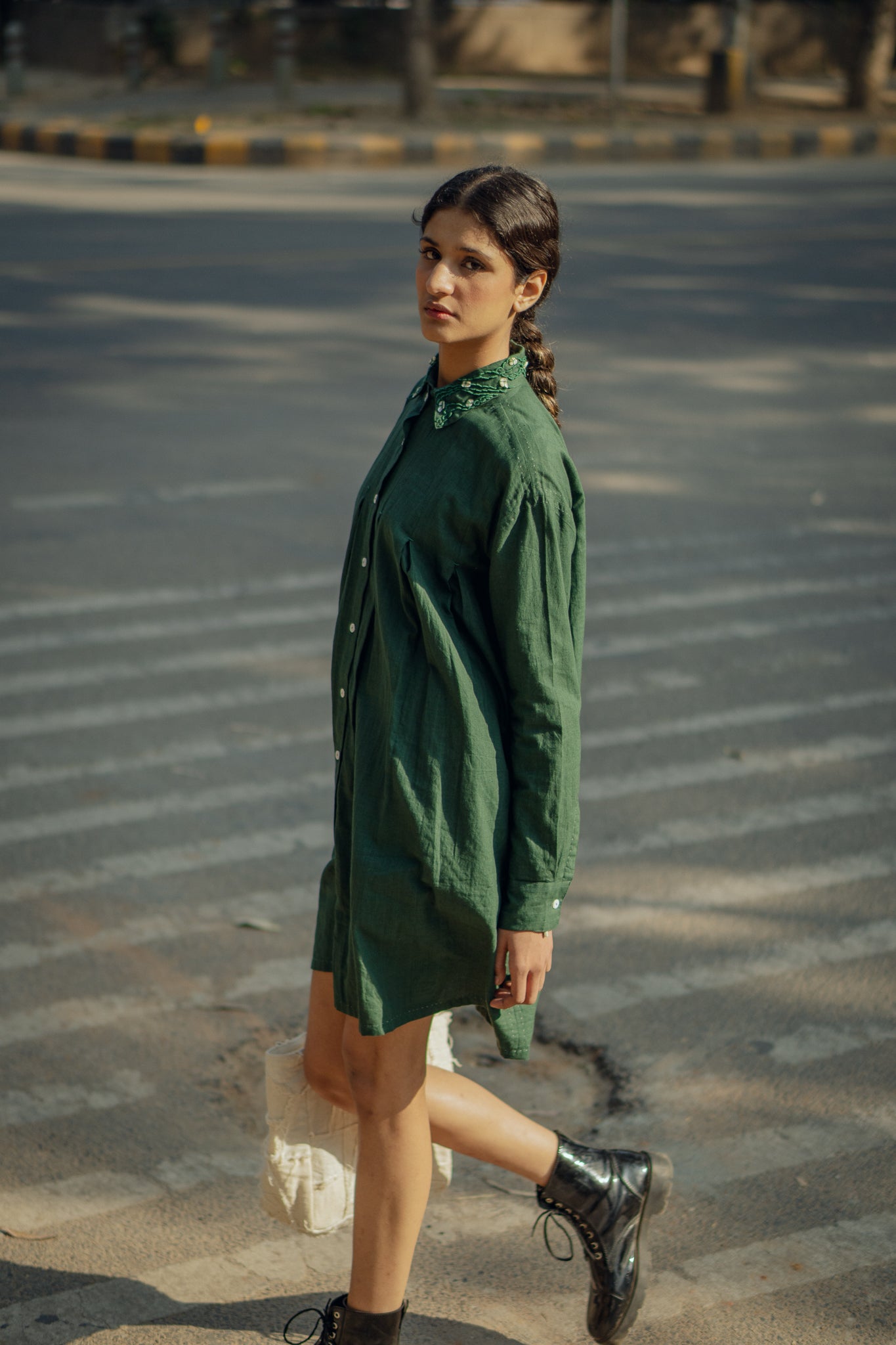 Pleated Dress by Lafaani with 100% pure cotton, Casual Wear, Green, Mini Dresses, Natural with azo free dyes, Organic, Regular Fit, Rewind, Rewind by Lafaani, Solids, Womenswear at Kamakhyaa for sustainable fashion