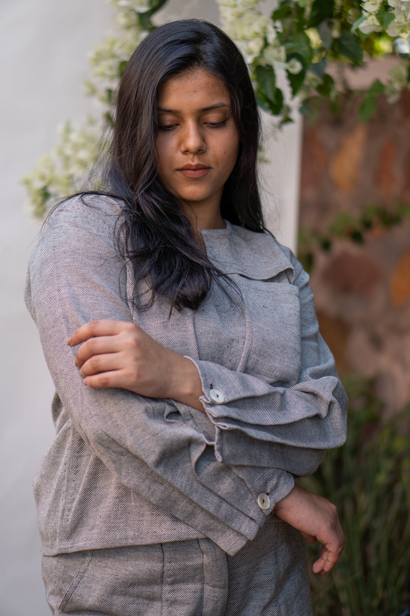 Pleated Sleeve Blouse by Lafaani with 100% pure cotton, Black, Blouses, Casual Wear, Grey, Natural with azo free dyes, Organic, Regular Fit, Solids, Sonder, Sonder by Lafaani, Womenswear at Kamakhyaa for sustainable fashion