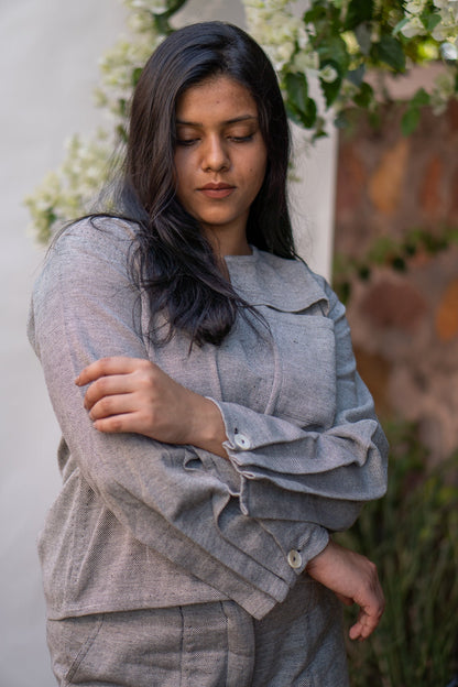 Pleated Sleeve Blouse & Patch Pocket Pants by Lafaani with 100% pure cotton, Black, Casual Wear, Grey, Loungewear Co-Ords, Natural with azo free dyes, Organic, Regular Fit, Solids, Sonder, Sonder by Lafaani, Womenswear at Kamakhyaa for sustainable fashion