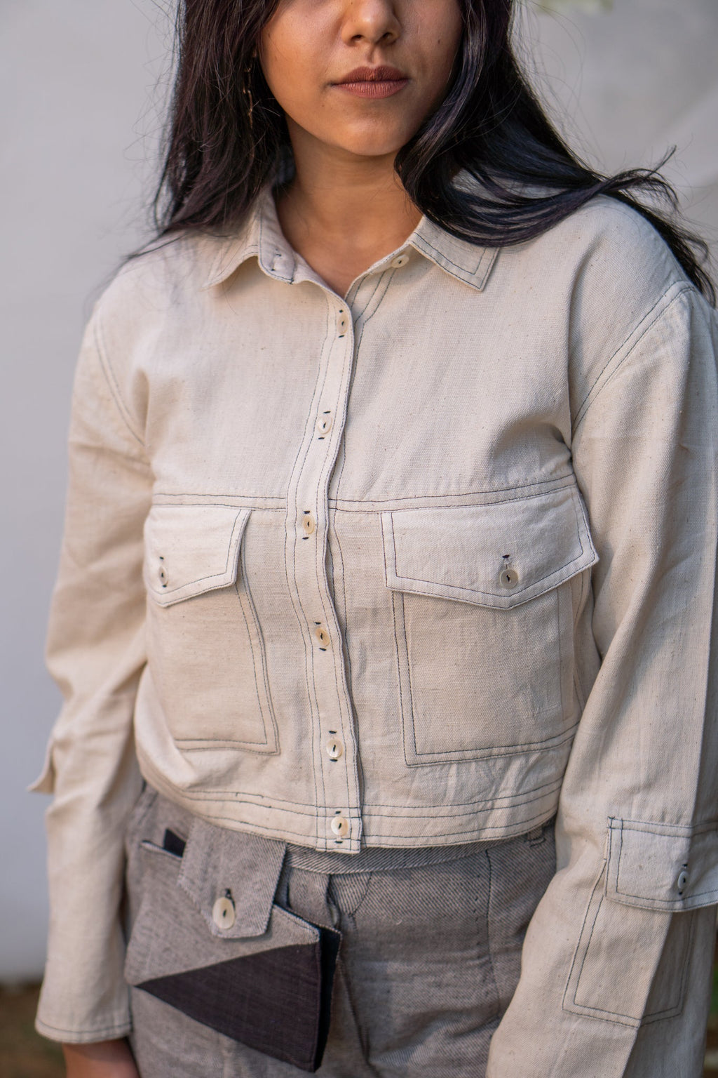 Kora Cropped Jacket by Lafaani with 100% pure cotton, Casual Wear, Jackets, Kora, Organic, Regular Fit, Solids, Sonder, Sonder by Lafaani, Undyed and unbleached, Womenswear at Kamakhyaa for sustainable fashion