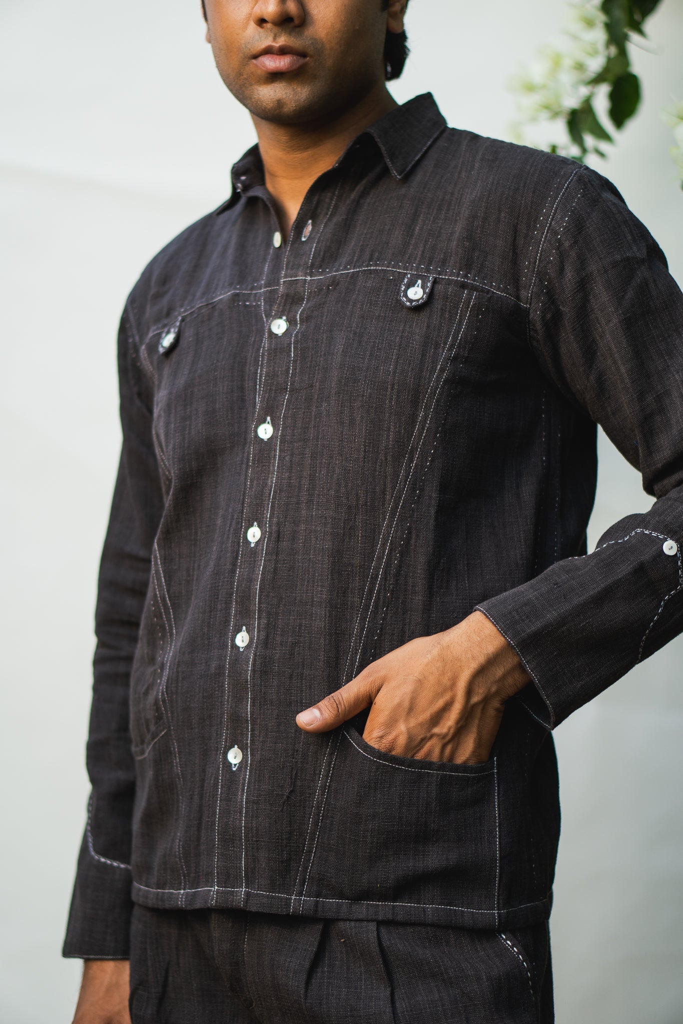 Panelled Shirt & Hem Detail Shorts by Lafaani with 100% pure cotton, Black, Casual Wear, Co-ord Sets, Menswear, Natural with azo free dyes, Organic, Regular Fit, Solids, Sonder, Sonder by Lafaani at Kamakhyaa for sustainable fashion