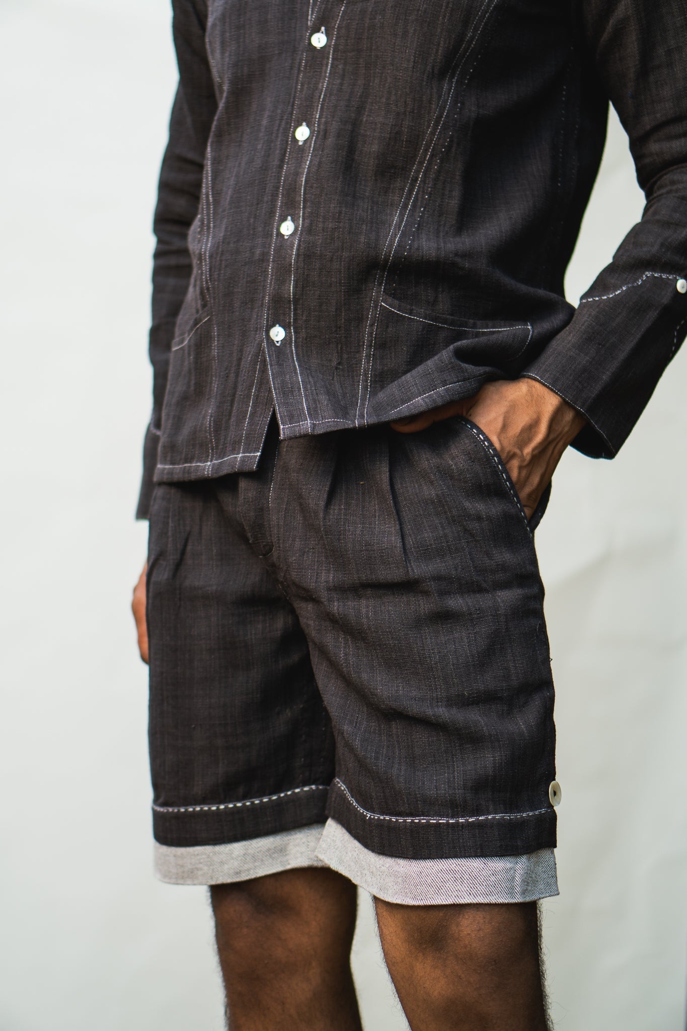 Panelled Shirt & Hem Detail Shorts by Lafaani with 100% pure cotton, Black, Casual Wear, Co-ord Sets, Menswear, Natural with azo free dyes, Organic, Regular Fit, Solids, Sonder, Sonder by Lafaani at Kamakhyaa for sustainable fashion