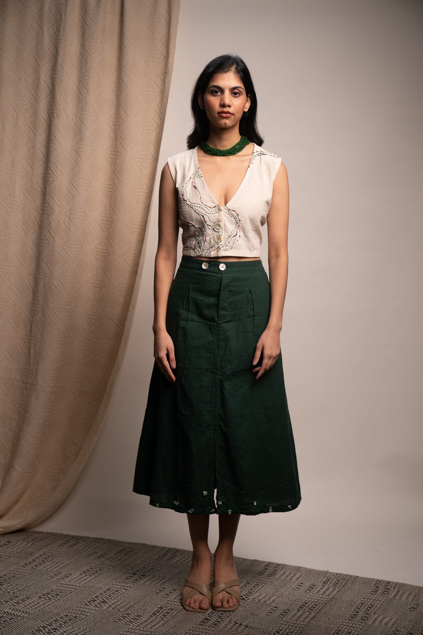 Cropped Blouse & Flared Skirt Set by Lafaani with 100% pure cotton, Casual Wear, Dress Sets, Green, Kora, Natural with azo free dyes, Organic, Regular Fit, Rewind, Rewind by Lafaani, Solids, Womenswear at Kamakhyaa for sustainable fashion