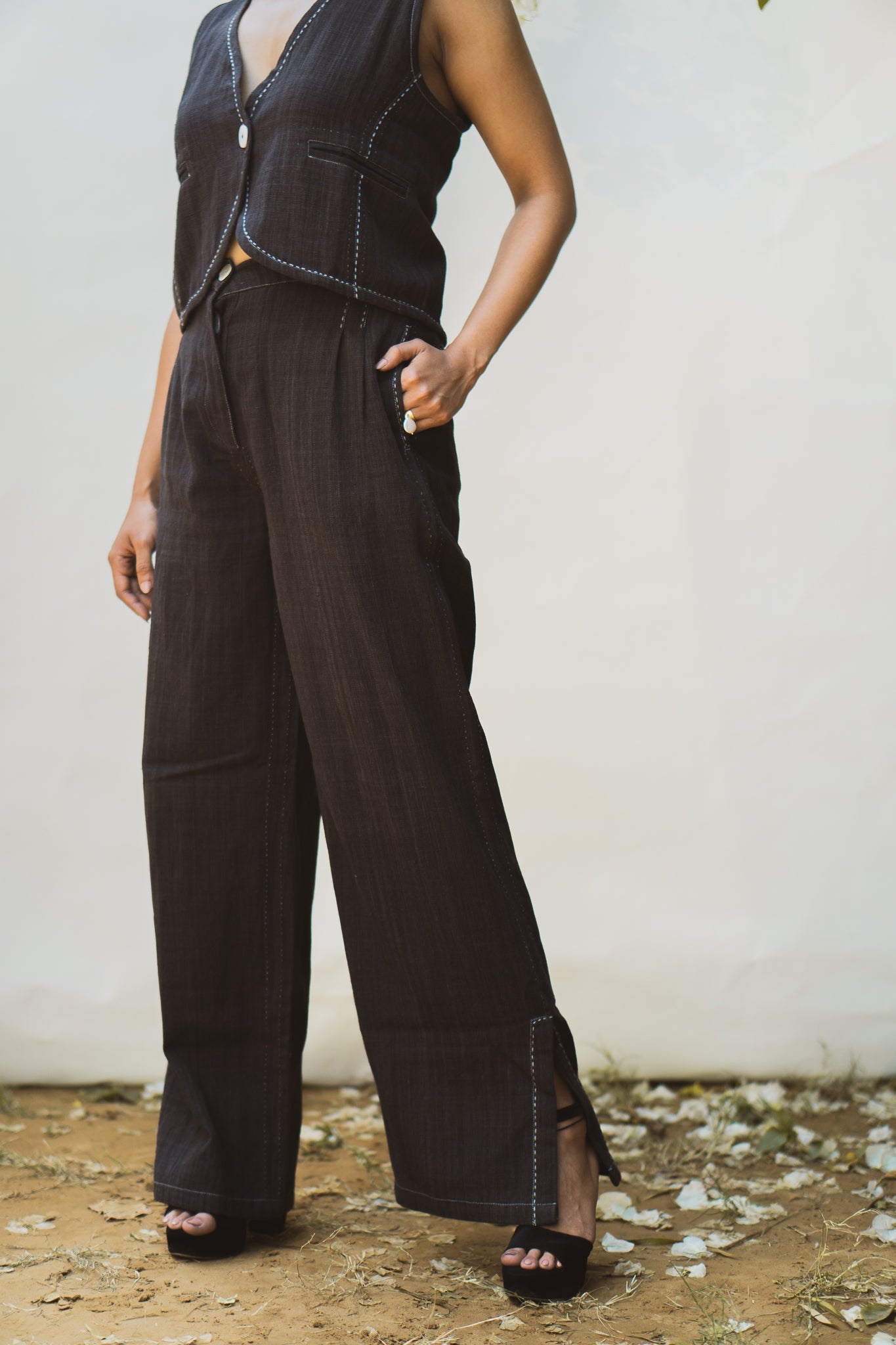 Waistcoat & Side Slit Pants by Lafaani with 100% pure cotton, Black, Casual Wear, Natural with azo free dyes, Organic, Regular Fit, Solids, Sonder, Sonder by Lafaani, Travel Co-ords, Womenswear at Kamakhyaa for sustainable fashion