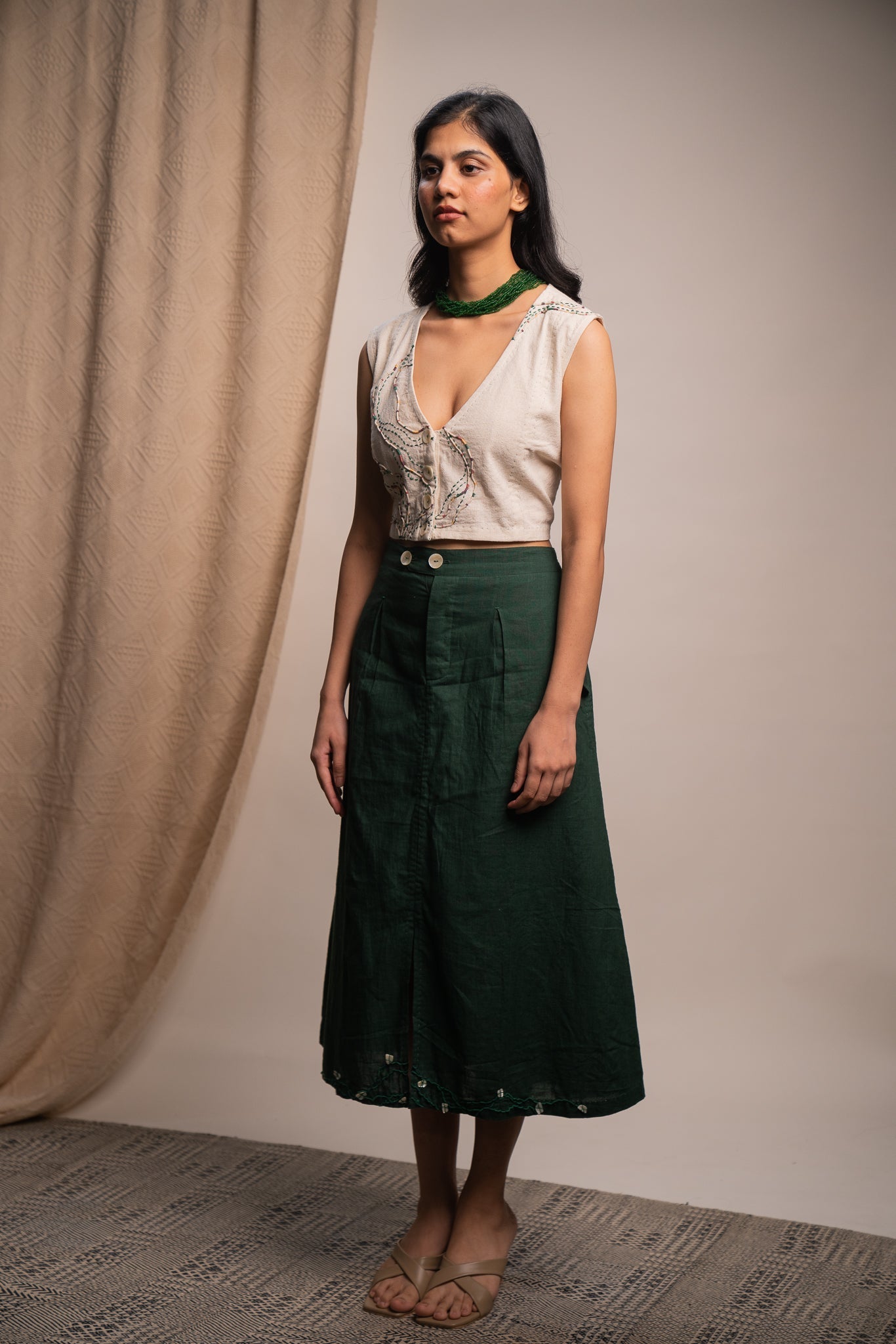Cropped Blouse & Flared Skirt Set at Kamakhyaa by Lafaani. This item is 100% pure cotton, Casual Wear, Dress Sets, Green, Kora, Natural with azo free dyes, Organic, Regular Fit, Rewind, Solids, Womenswear