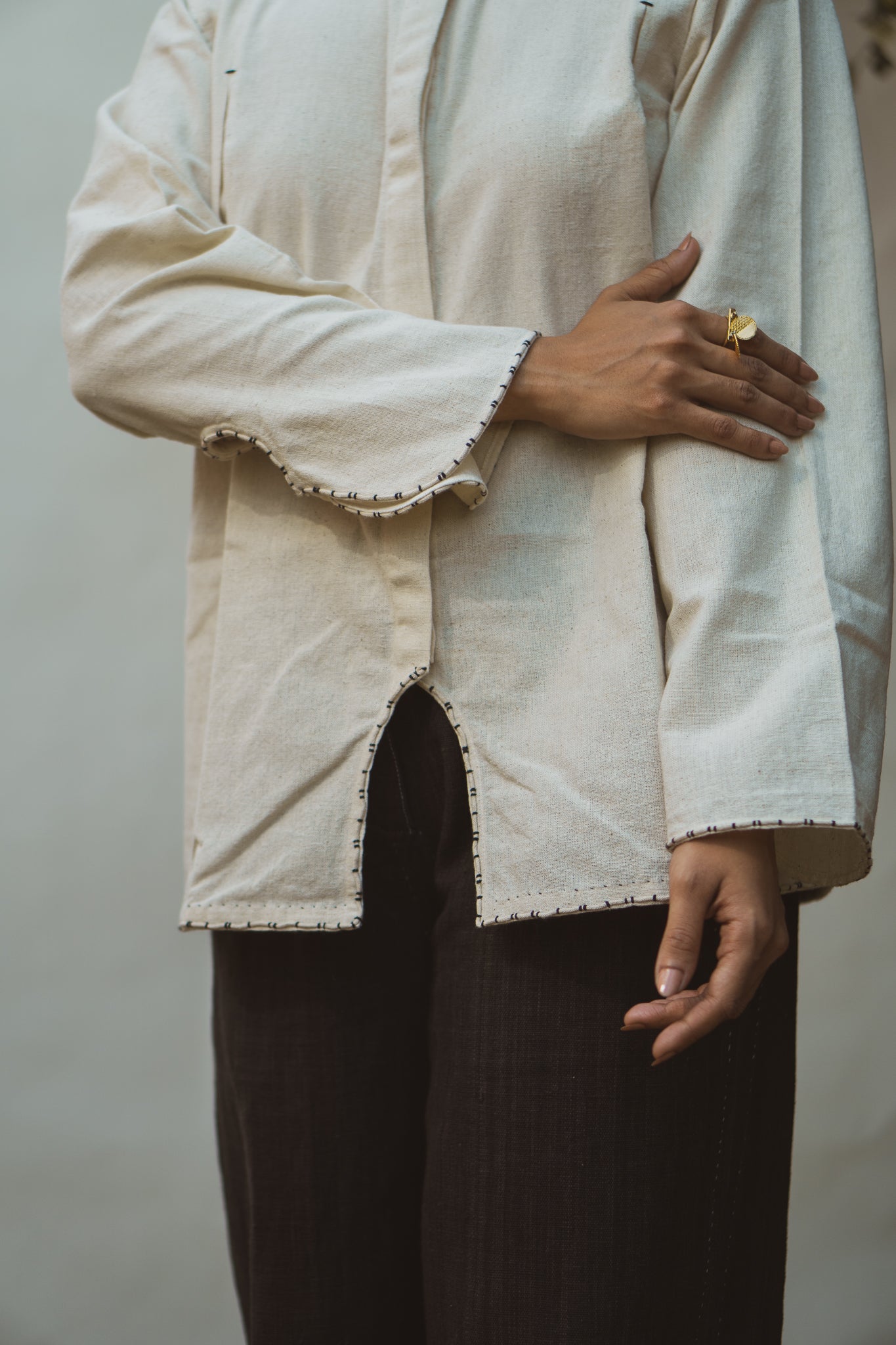 Mandarin Collar Blouse by Lafaani with 100% pure cotton, Blouses, Casual Wear, Kora, Organic, Regular Fit, Solids, Sonder, Sonder by Lafaani, Undyed and Unbleached, Womenswear at Kamakhyaa for sustainable fashion