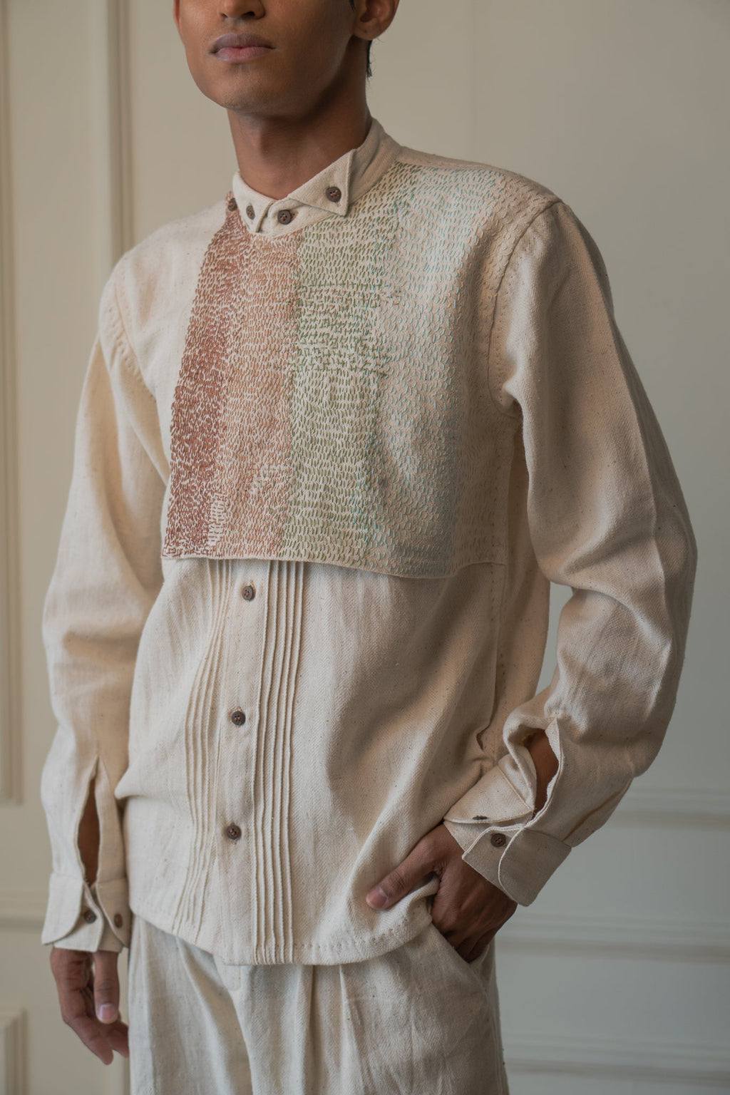 Extra Flap Shirt by Lafaani with 100% pure cotton, Casual Wear, Embroidered, Kora, Materiality, Memoirs of Materiality by lafaani, Menswear, Natural with azo free dyes, Organic, Regular Fit, Shirts, Solids, Tops, Undyed and Unbleached at Kamakhyaa for sustainable fashion