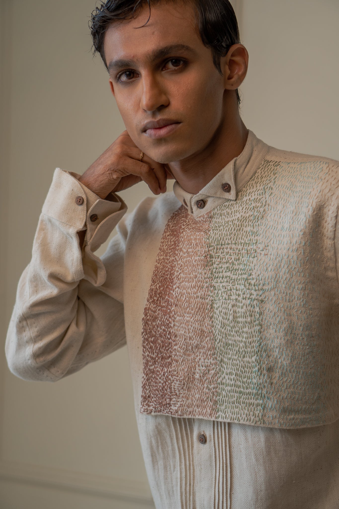 Extra Flap Shirt by Lafaani with 100% pure cotton, Casual Wear, Embroidered, Kora, Materiality, Memoirs of Materiality by lafaani, Menswear, Natural with azo free dyes, Organic, Regular Fit, Shirts, Solids, Tops, Undyed and Unbleached at Kamakhyaa for sustainable fashion