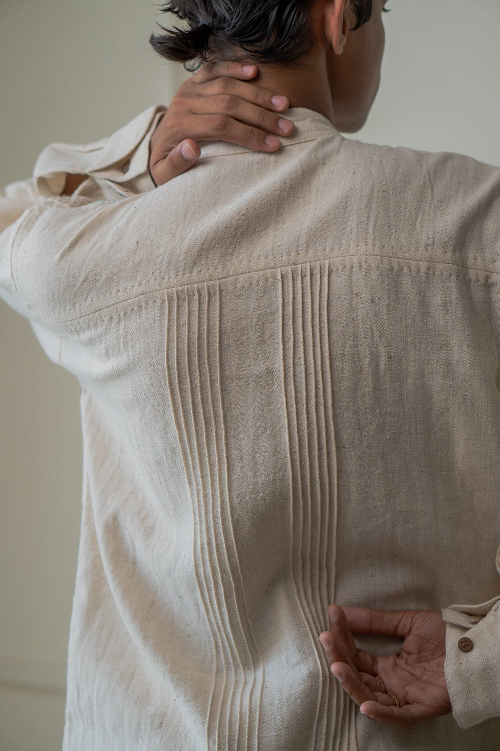 Extra Flap Shirt by Lafaani with 100% pure cotton, Casual Wear, Embroidered, Kora, Materiality, Memoirs of Materiality by lafaani, Menswear, Natural with azo free dyes, Organic, Regular Fit, Shirts, Solids, Tops, Undyed and Unbleached at Kamakhyaa for sustainable fashion