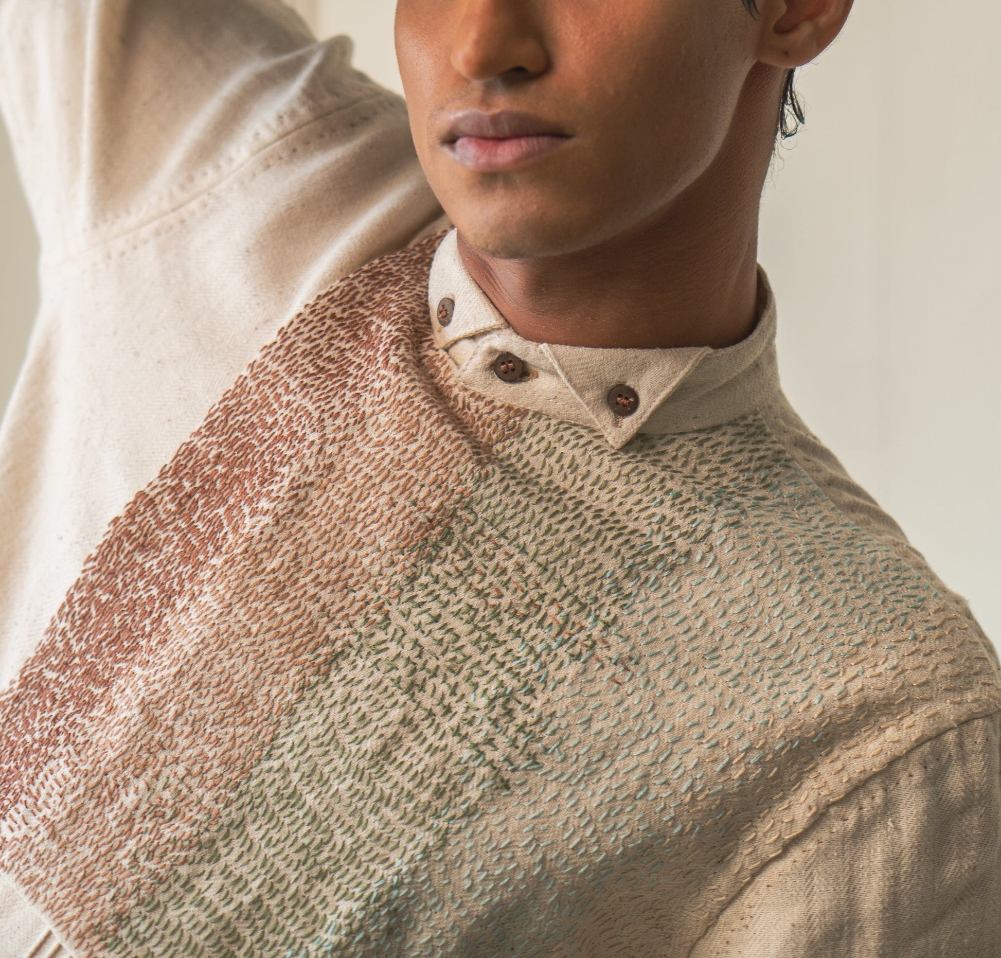 Extra Flap Shirt by Lafaani with 100% pure cotton, Casual Wear, Embroidered, Kora, Materiality, Memoirs of Materiality by lafaani, Menswear, Natural with azo free dyes, Organic, Regular Fit, Shirts, Solids, Tops, Undyed and Unbleached at Kamakhyaa for sustainable fashion