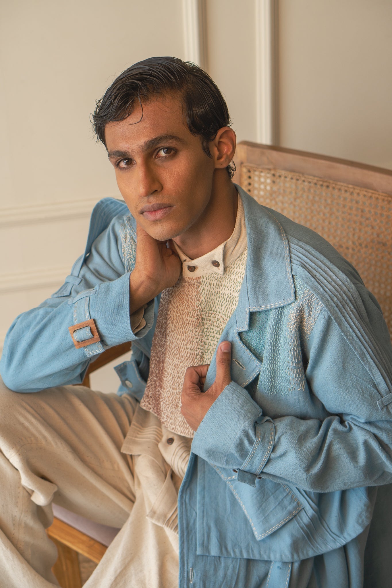 Unisex Deconstructed Trench by Lafaani with 100% pure cotton, Casual Wear, Jackets, Light Blue, Materiality, Memoirs of Materiality by lafaani, Menswear, Natural with azo free dyes, Organic, Regular Fit, Solids, Unisex at Kamakhyaa for sustainable fashion