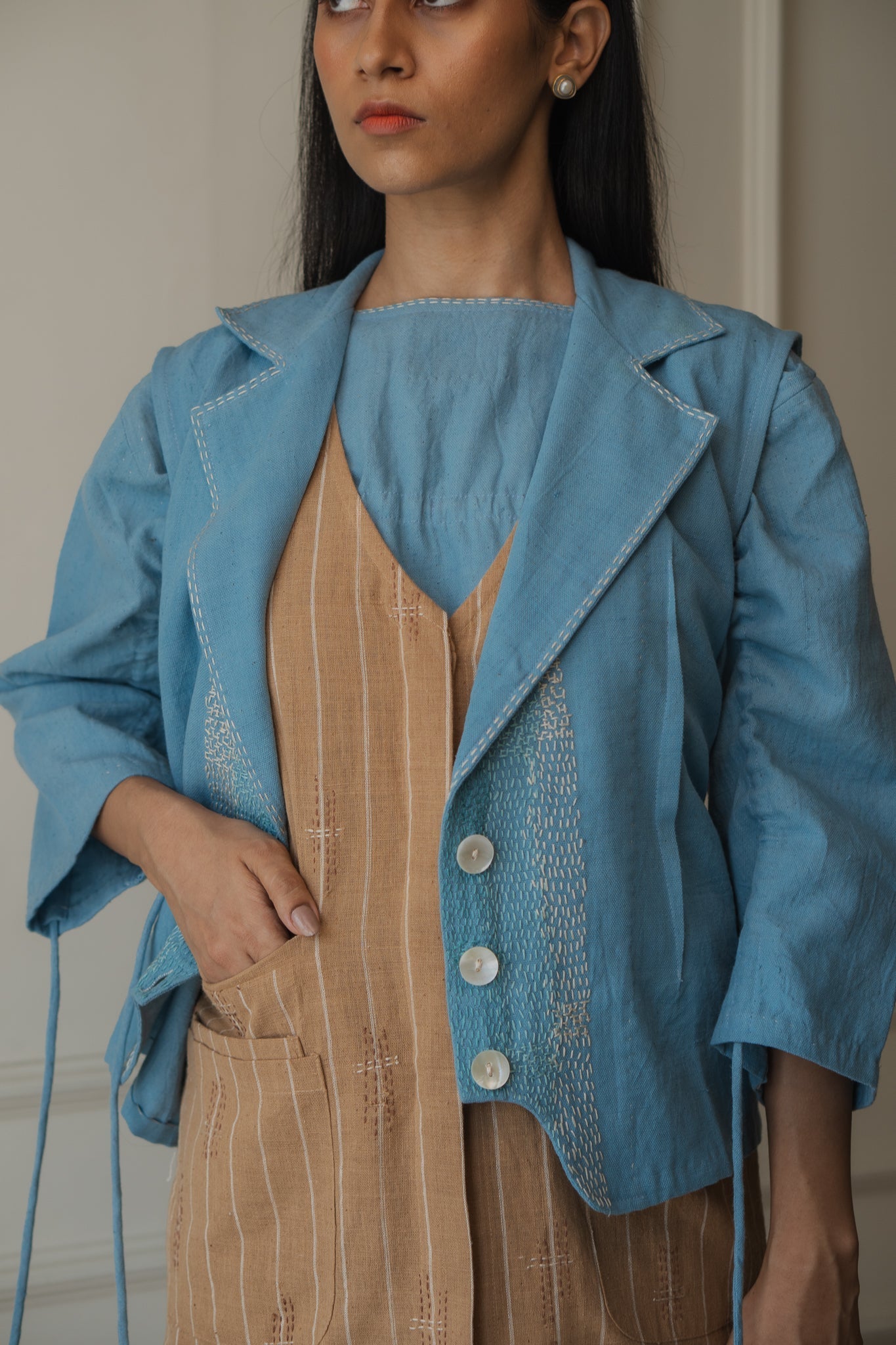 Light Blue Sleeveless Cropped Jacket by Lafaani with 100% pure cotton, Casual Wear, Jackets, Light Blue, Materiality, Memoirs of Materiality by lafaani, Natural with azo free dyes, Organic, Regular Fit, Solids, Womenswear at Kamakhyaa for sustainable fashion
