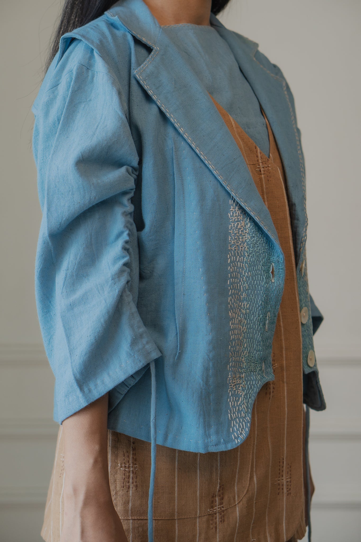 Light Blue Sleeveless Cropped Jacket by Lafaani with 100% pure cotton, Casual Wear, Jackets, Light Blue, Materiality, Memoirs of Materiality by lafaani, Natural with azo free dyes, Organic, Regular Fit, Solids, Womenswear at Kamakhyaa for sustainable fashion