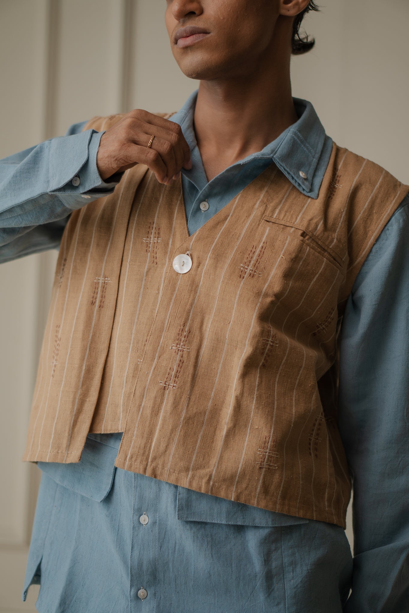 Asymmetric Unisex Waistcoat by Lafaani with 100% pure cotton, Brown, Casual Wear, Materiality, Memoirs of Materiality by lafaani, Menswear, Natural with azo free dyes, Organic, Regular Fit, Solids, Undyed and Unbleached, Unisex, Waistcoat at Kamakhyaa for sustainable fashion