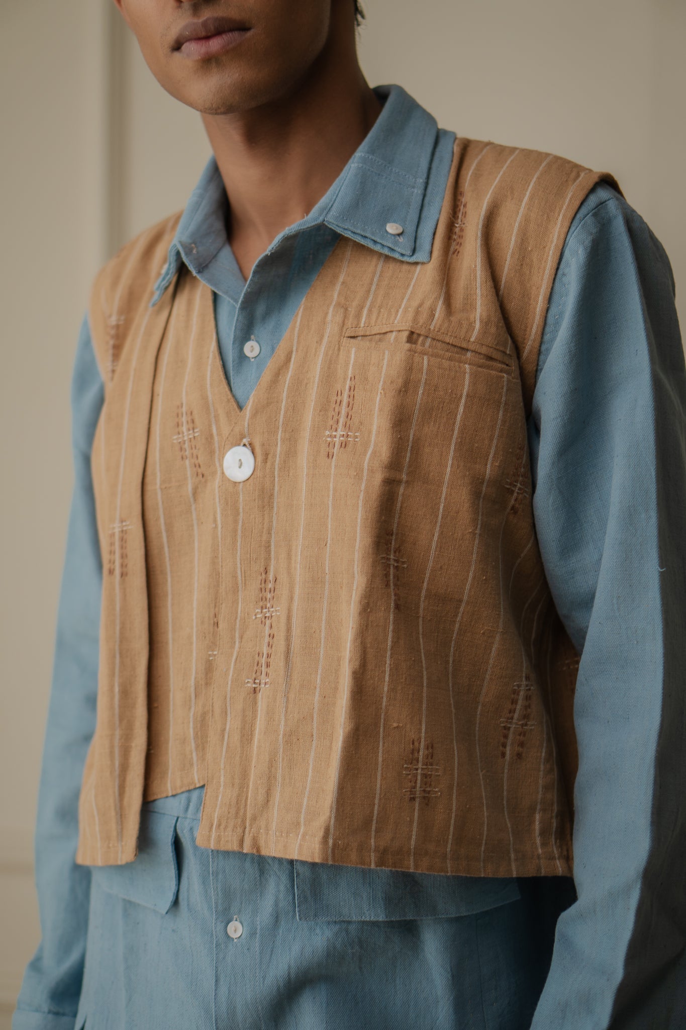 Asymmetric Unisex Waistcoat by Lafaani with 100% pure cotton, Brown, Casual Wear, Materiality, Memoirs of Materiality by lafaani, Menswear, Natural with azo free dyes, Organic, Regular Fit, Solids, Undyed and Unbleached, Unisex, Waistcoat at Kamakhyaa for sustainable fashion