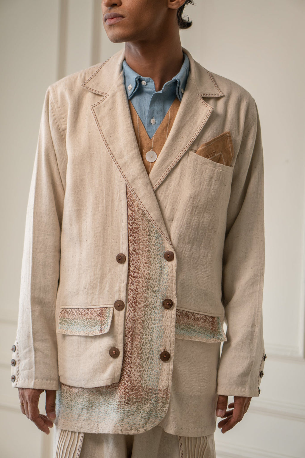 Unisex Double-Breasted Jacket by Lafaani with 100% pure cotton, Casual Wear, Jackets, Kora, Materiality, Memoirs of Materiality by lafaani, Menswear, Natural with azo free dyes, Organic, Regular Fit, Solids, Tops, Unbleached and Undyed, Unisex at Kamakhyaa for sustainable fashion