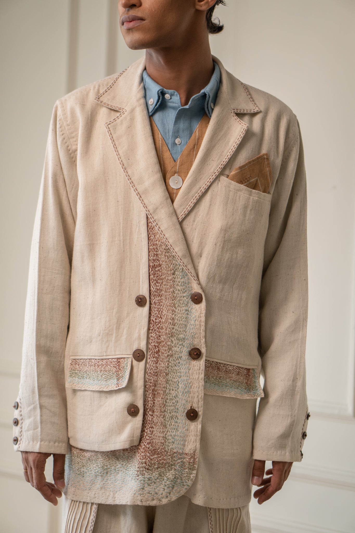 Unisex Double-Breasted Jacket by Lafaani with 100% pure cotton, Casual Wear, Jackets, Kora, Materiality, Memoirs of Materiality by lafaani, Menswear, Natural with azo free dyes, Organic, Regular Fit, Solids, Tops, Unbleached and Undyed, Unisex at Kamakhyaa for sustainable fashion