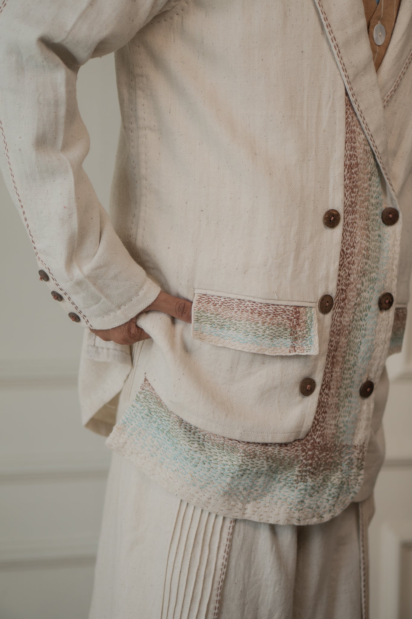 Unisex Double-Breasted Jacket by Lafaani with 100% pure cotton, Casual Wear, Jackets, Kora, Materiality, Memoirs of Materiality by lafaani, Menswear, Natural with azo free dyes, Organic, Regular Fit, Solids, Tops, Unbleached and Undyed, Unisex at Kamakhyaa for sustainable fashion