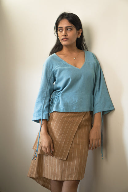 Reversible Ruched Blouse by Lafaani with 100% pure cotton, Blouses, Casual Wear, Light Blue, Materiality, Memoirs of Materiality by lafaani, Natural with azo free dyes, Organic, Regular Fit, Reversible, Solids, Womenswear at Kamakhyaa for sustainable fashion