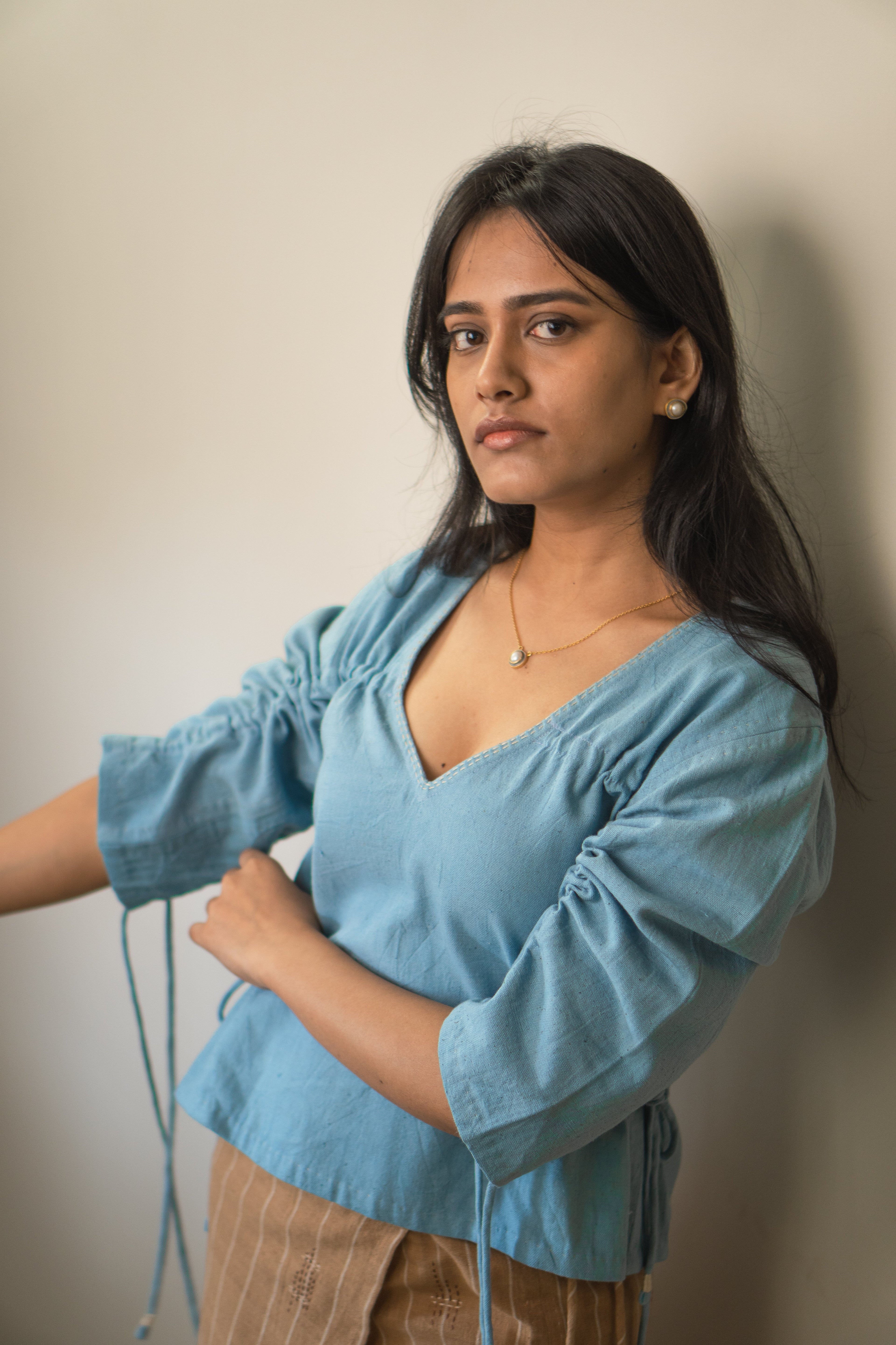 Reversible Ruched Blouse by Lafaani with 100% pure cotton, Blouses, Casual Wear, Light Blue, Materiality, Memoirs of Materiality by lafaani, Natural with azo free dyes, Organic, Regular Fit, Reversible, Solids, Womenswear at Kamakhyaa for sustainable fashion