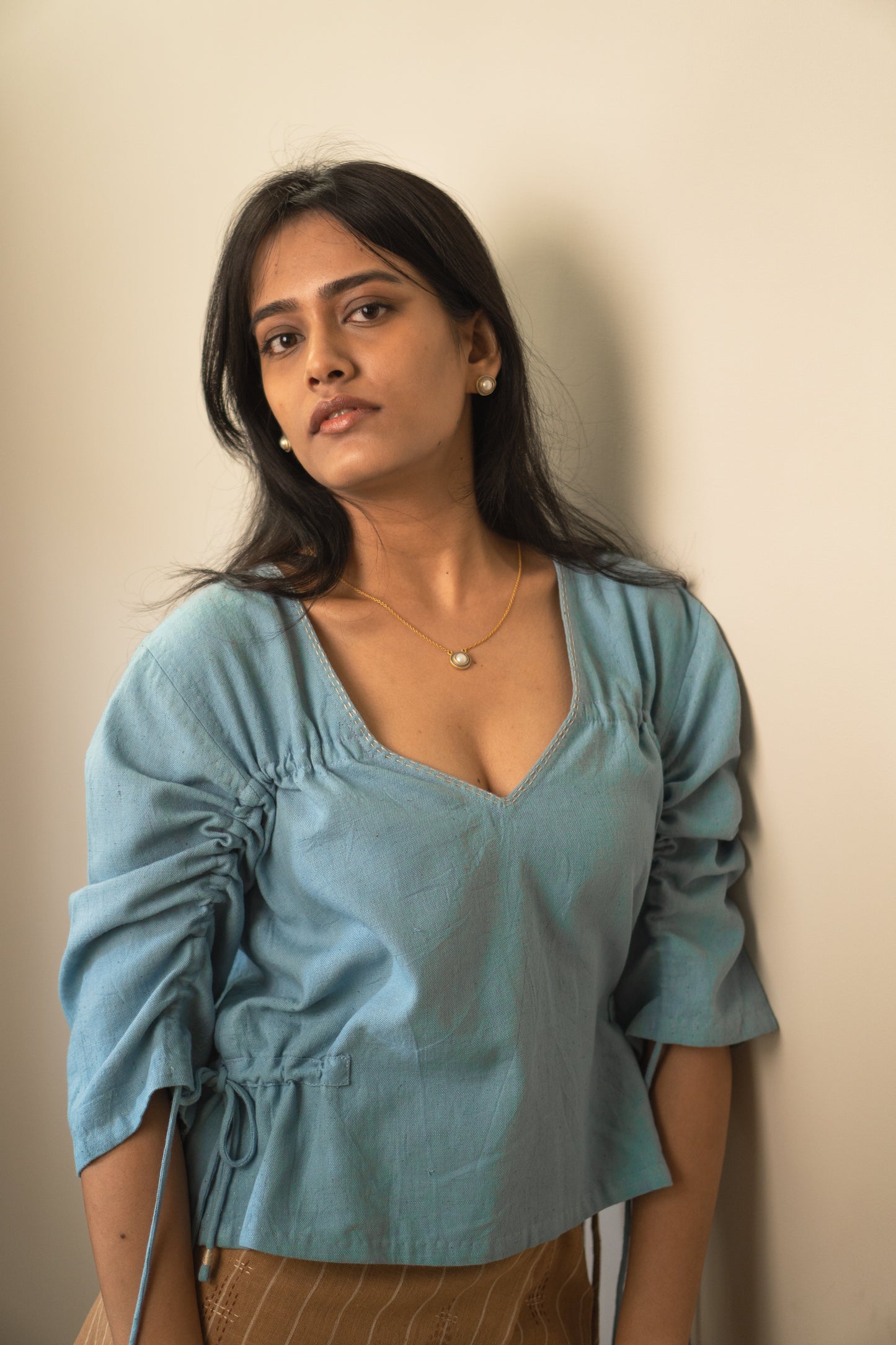 Reversible Ruched Blouse by Lafaani with 100% pure cotton, Blouses, Casual Wear, Light Blue, Materiality, Memoirs of Materiality by lafaani, Natural with azo free dyes, Organic, Regular Fit, Reversible, Solids, Womenswear at Kamakhyaa for sustainable fashion