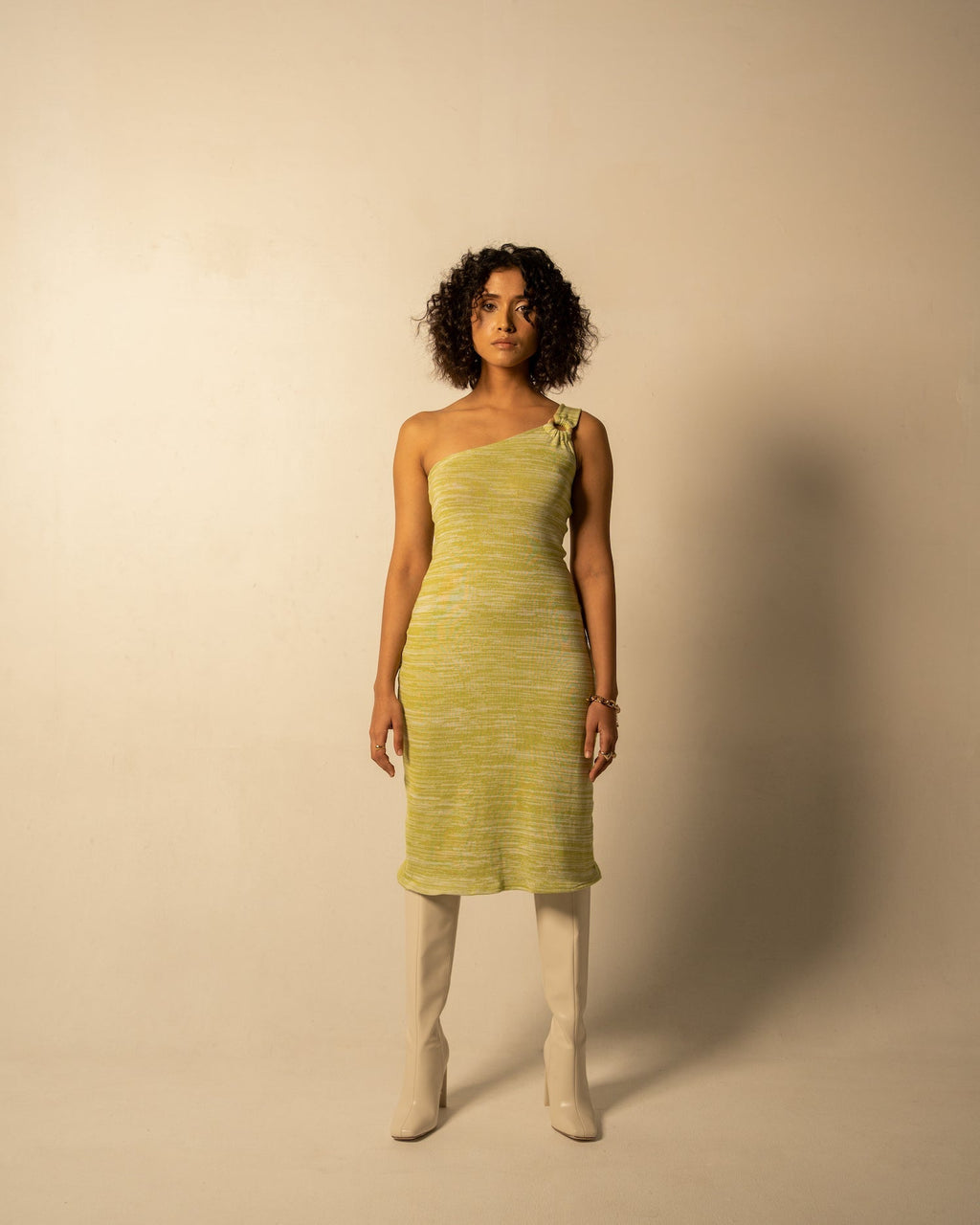 Green Midi Dress by Meko Studio with Cotton, Evening Wear, Green, Hand Knitted, July Sale, July Sale 2023, Midi Dresses, One Shoulder Dresses, Slim Fit, Solid Selfmade, Textured, Tranquil AW-22/23, Tranquil by Meko Studio, Womenswear at Kamakhyaa for sustainable fashion