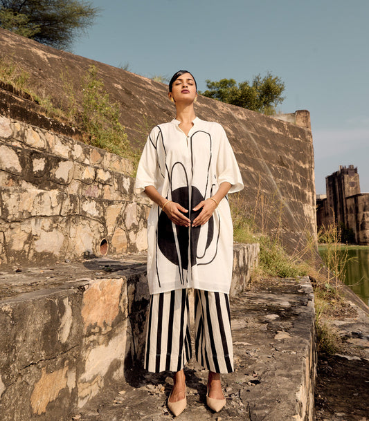 Black And White Printed Tunic Stripped Pant Co-ord Set by Khara Kapas with Birdsong, Birdsong by Khara Kapas, Black, Casual Wear, comfort fashion, Complete Sets, cotton, handcrafted, handmade, kharakapas, pure cotton, White, Womenswear at Kamakhyaa for sustainable fashion