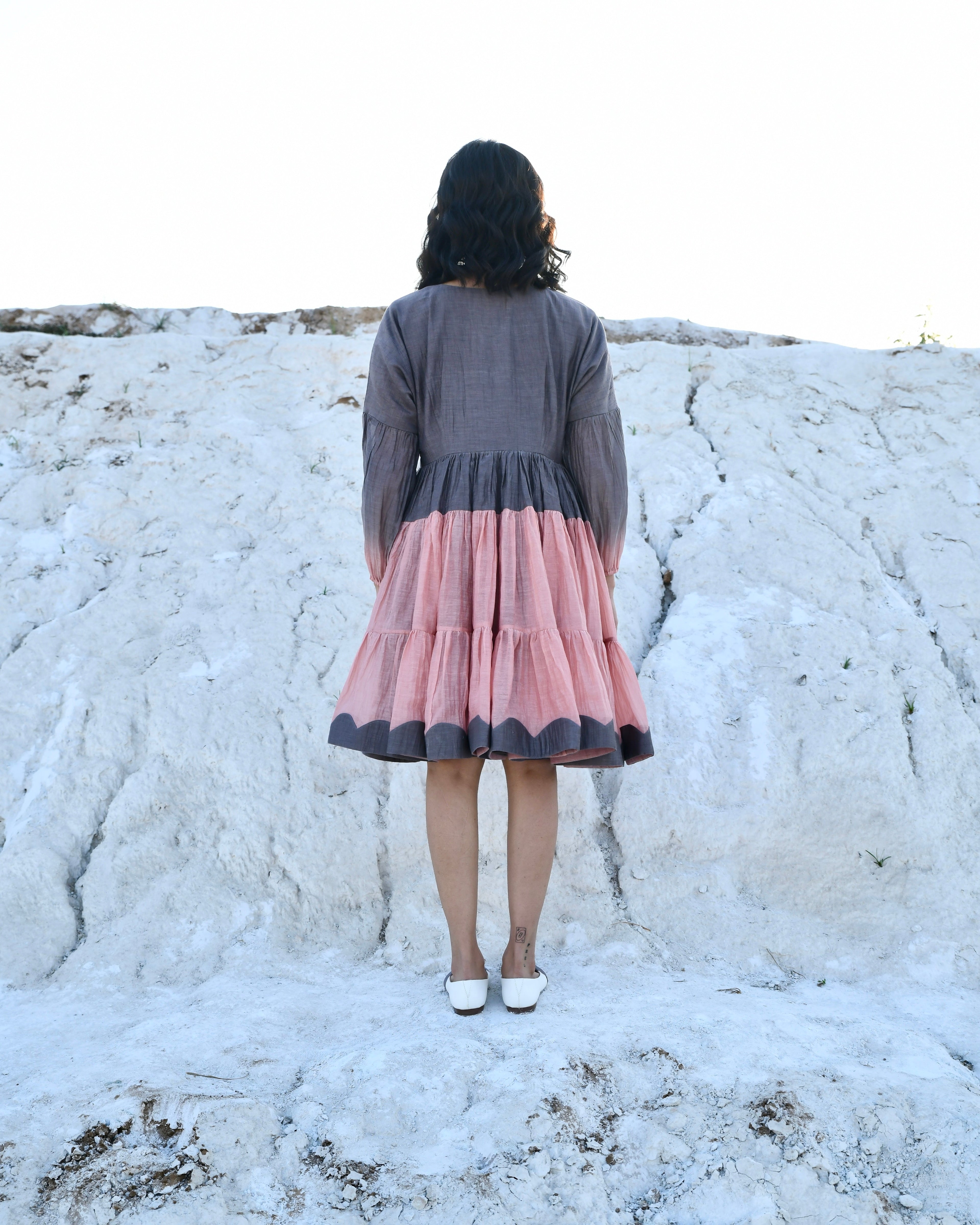 Grey Mini Dress by The Loom Art with Aurora by The Loom Art, Best Selling, Casual Wear, Chanderi Silk, FB ADS JUNE, For Her, Grey, July Sale, July Sale 2023, Mini Dresses, Ombre & Dyes, Organic, Regular Fit, Tiered Dresses, Womenswear at Kamakhyaa for sustainable fashion