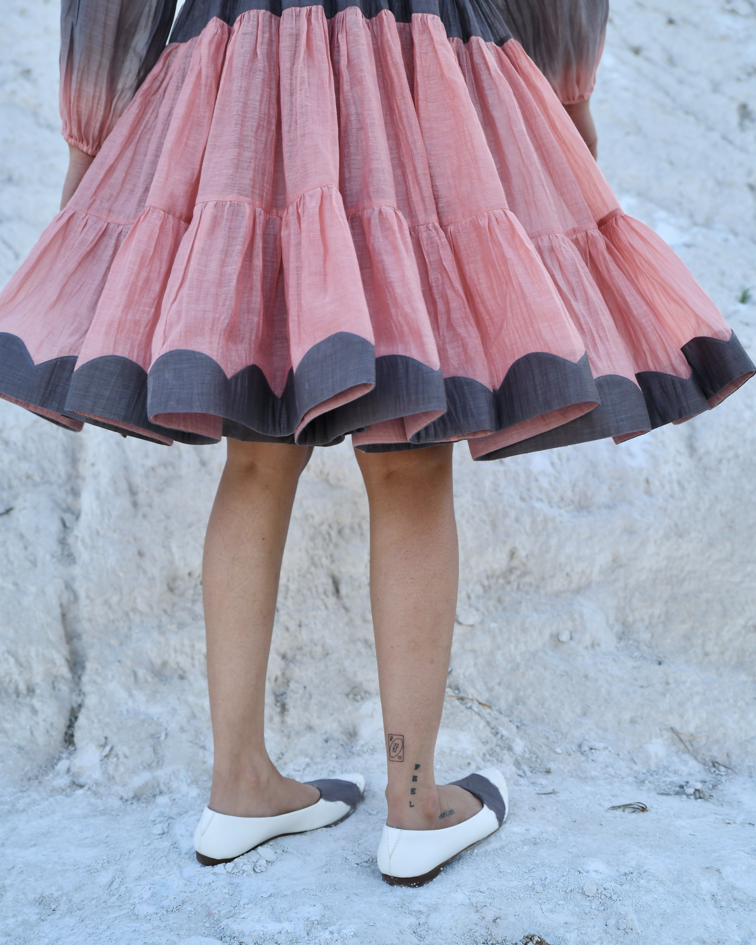 Grey Mini Dress by The Loom Art with Aurora by The Loom Art, Best Selling, Casual Wear, Chanderi Silk, FB ADS JUNE, For Her, Grey, July Sale, July Sale 2023, Mini Dresses, Ombre & Dyes, Organic, Regular Fit, Tiered Dresses, Womenswear at Kamakhyaa for sustainable fashion