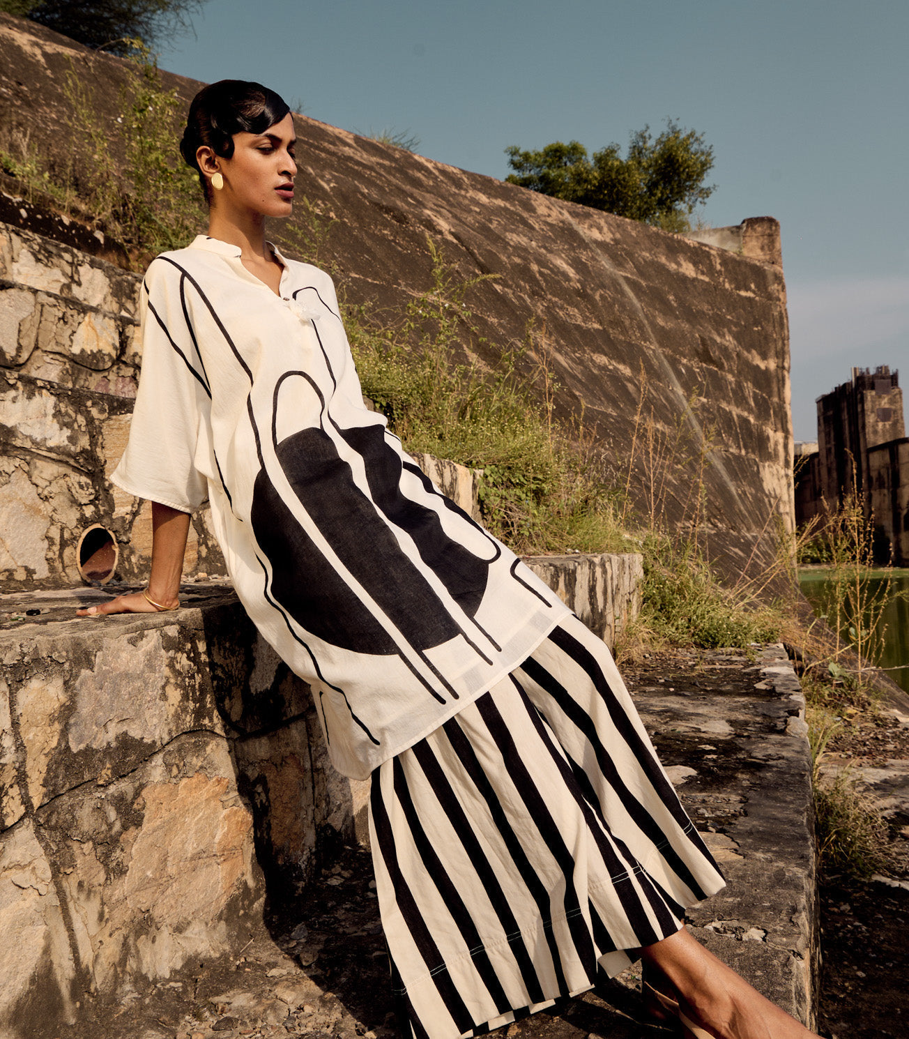 Black And White Printed Tunic Stripped Pant Co-ord Set by Khara Kapas with Birdsong, Birdsong by Khara Kapas, Black, Casual Wear, comfort fashion, Complete Sets, cotton, handcrafted, handmade, kharakapas, pure cotton, White, Womenswear at Kamakhyaa for sustainable fashion