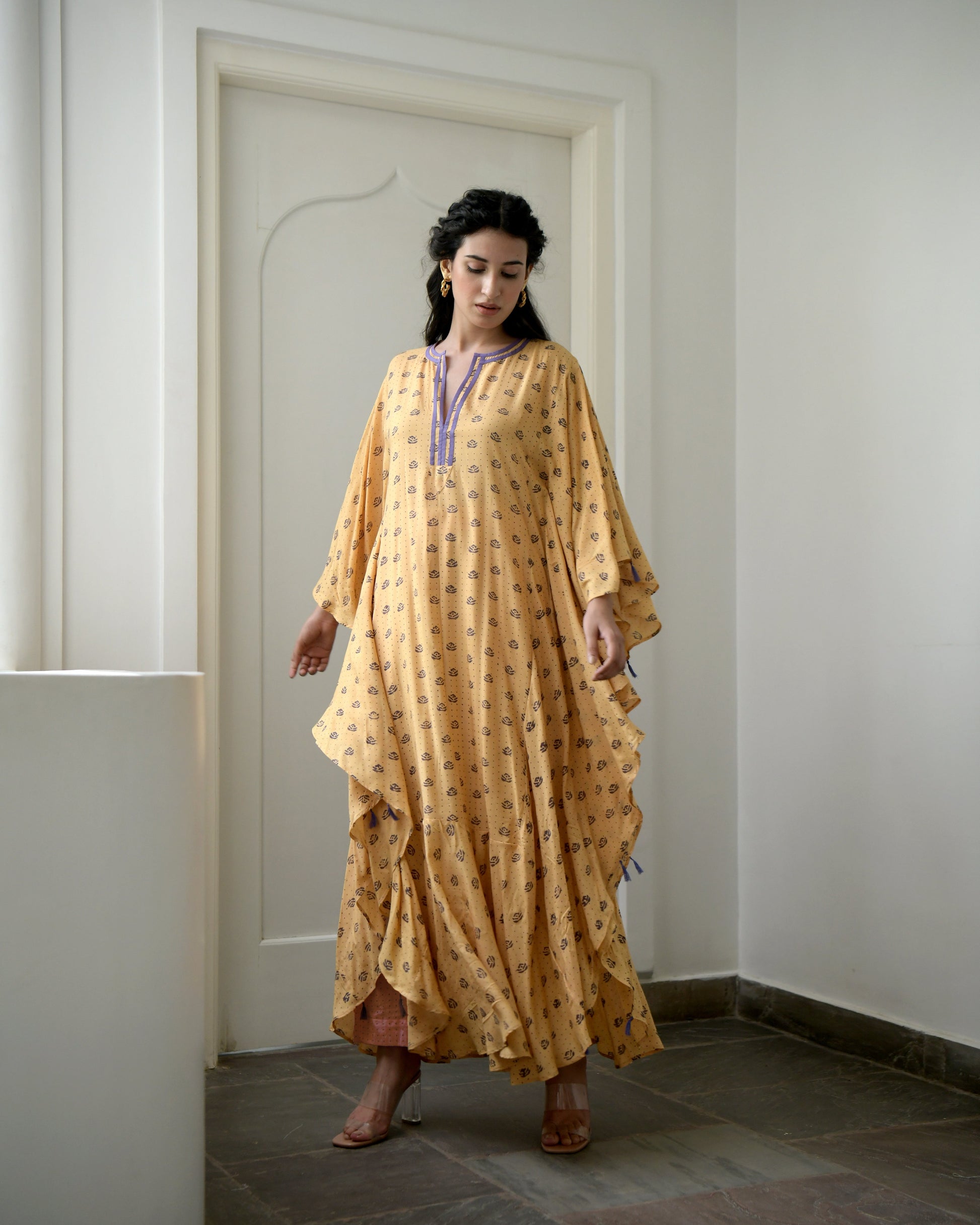Yellow Printed Kaftan by Taro with Evening Wear, Gulzar by Taro, July Sale, July Sale 2023, Kaftans, Maxi Dresses, Modal silk, Natural, Prints, Relaxed Fit, Womenswear, Yellow at Kamakhyaa for sustainable fashion