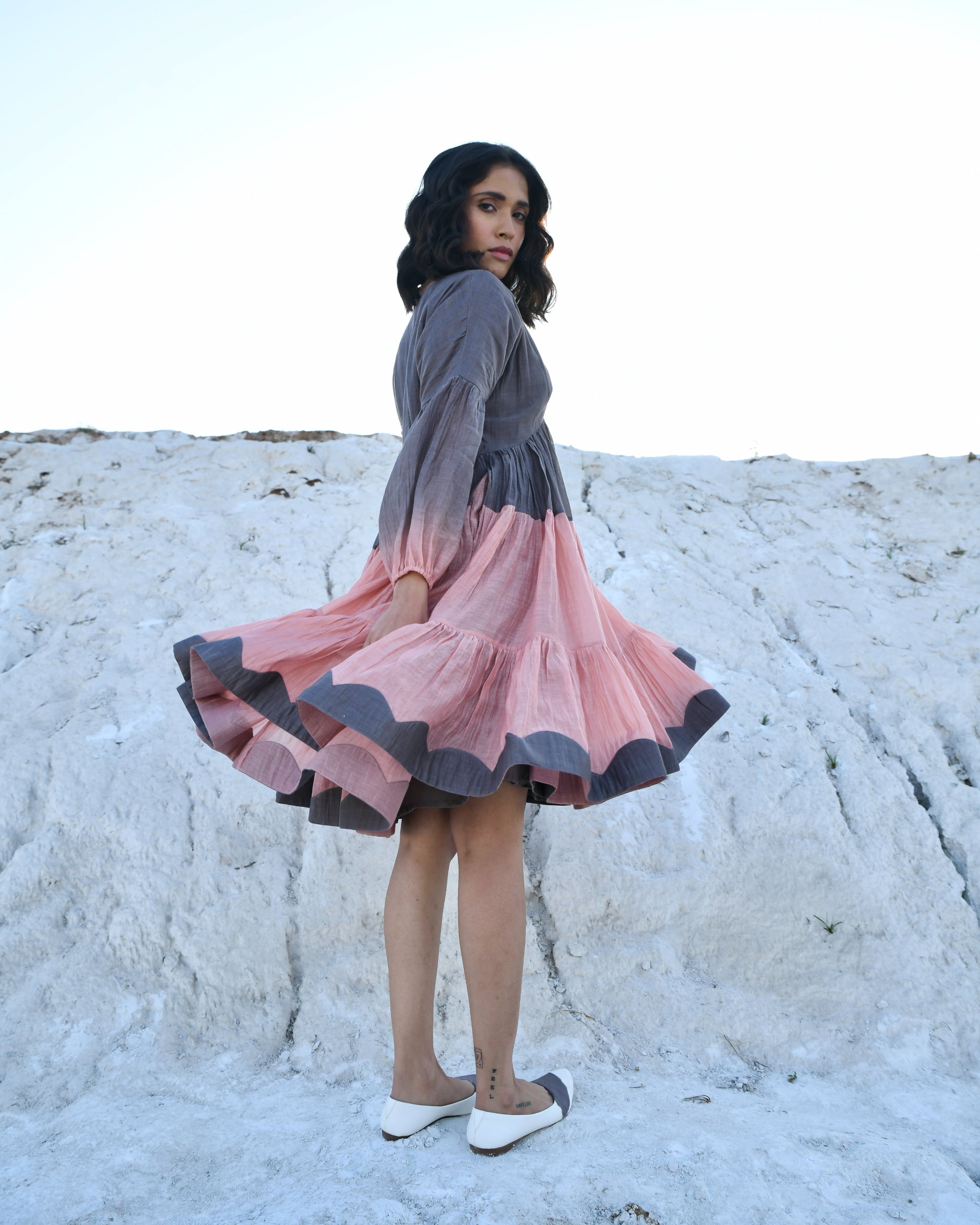 Grey Mini Dress by The Loom Art with Aurora by The Loom Art, Best Selling, Casual Wear, Chanderi Silk, FB ADS JUNE, For Her, Grey, July Sale, July Sale 2023, Mini Dresses, Ombre & Dyes, Organic, Regular Fit, Tiered Dresses, Womenswear at Kamakhyaa for sustainable fashion