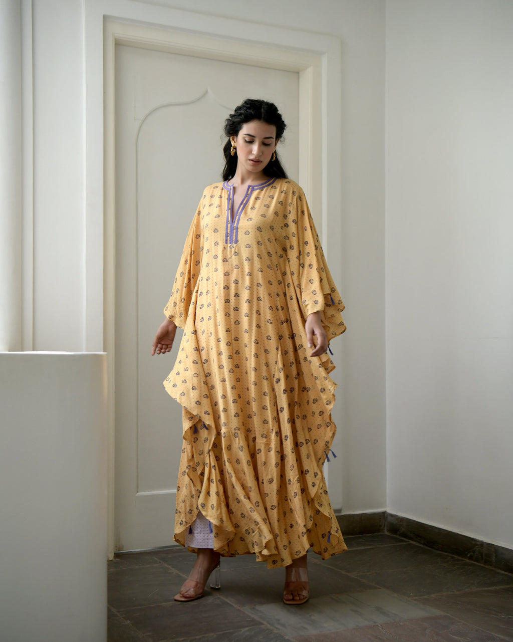 Yellow Printed Kaftan by Taro with Evening Wear, Gulzar by Taro, July Sale, July Sale 2023, Kaftans, Maxi Dresses, Modal silk, Natural, Prints, Relaxed Fit, Womenswear, Yellow at Kamakhyaa for sustainable fashion