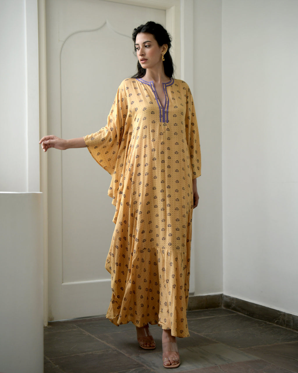 Yellow Printed Kaftan by Taro with Evening Wear, Gulzar by Taro, July Sale, July Sale 2023, Kaftans, Maxi Dresses, Modal silk, Natural, Prints, Relaxed Fit, Womenswear, Yellow at Kamakhyaa for sustainable fashion