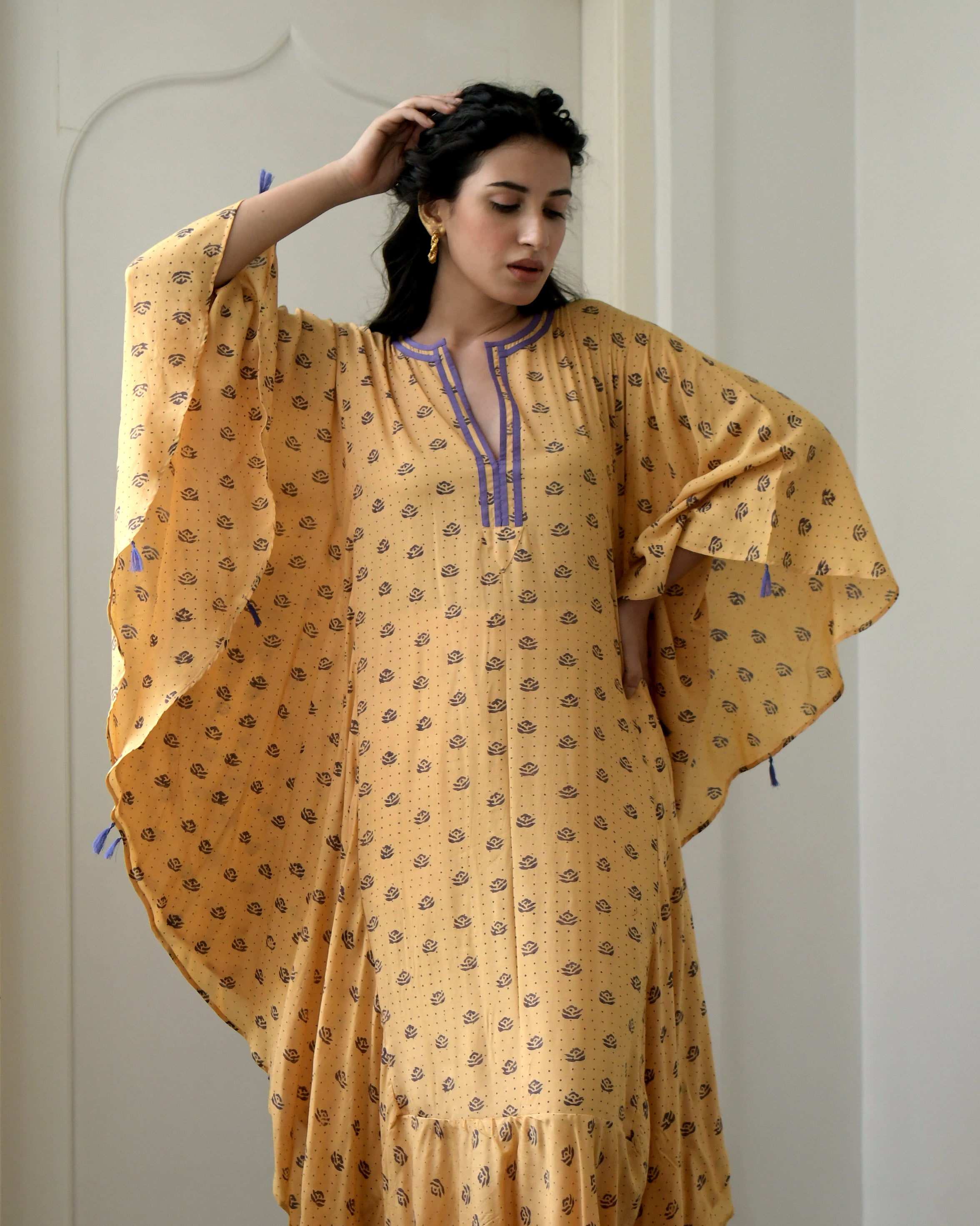 Yellow Printed Kaftan by Taro with Evening Wear, Gulzar by Taro, July Sale, July Sale 2023, Kaftans, Maxi Dresses, Modal silk, Natural, Prints, Relaxed Fit, Womenswear, Yellow at Kamakhyaa for sustainable fashion