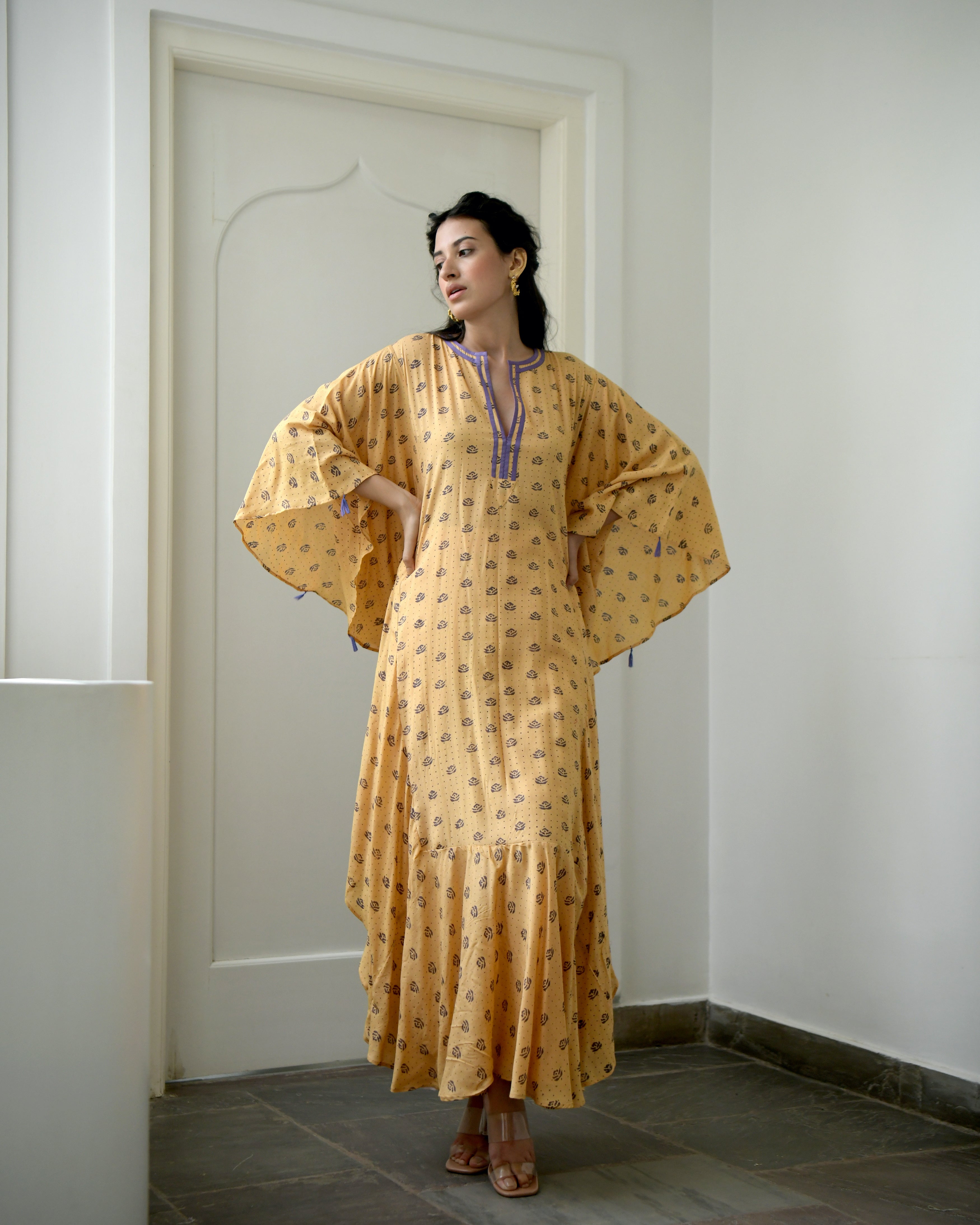 Yellow Printed Kaftan by Taro with Evening Wear, Gulzar by Taro, July Sale, July Sale 2023, Kaftans, Maxi Dresses, Modal silk, Natural, Prints, Relaxed Fit, Womenswear, Yellow at Kamakhyaa for sustainable fashion