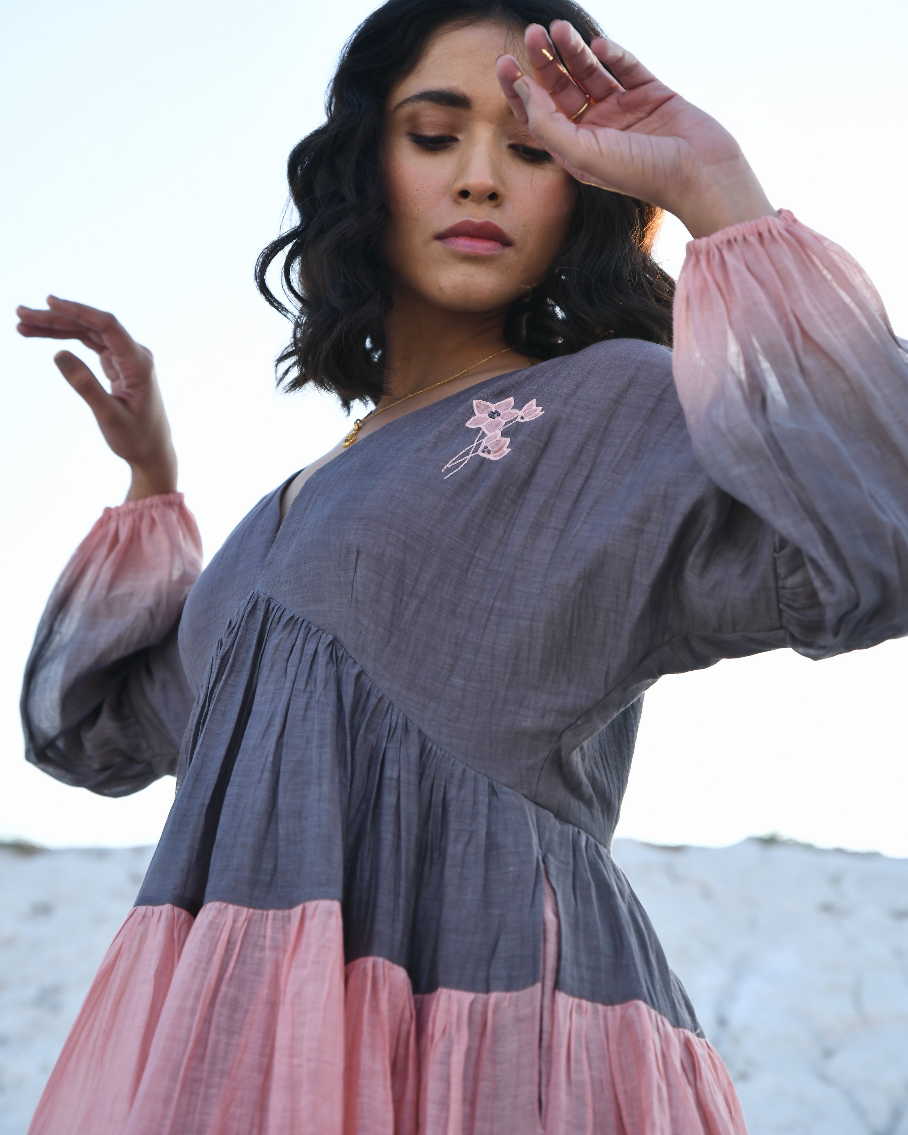 Grey Mini Dress by The Loom Art with Aurora by The Loom Art, Best Selling, Casual Wear, Chanderi Silk, FB ADS JUNE, For Her, Grey, July Sale, July Sale 2023, Mini Dresses, Ombre & Dyes, Organic, Regular Fit, Tiered Dresses, Womenswear at Kamakhyaa for sustainable fashion