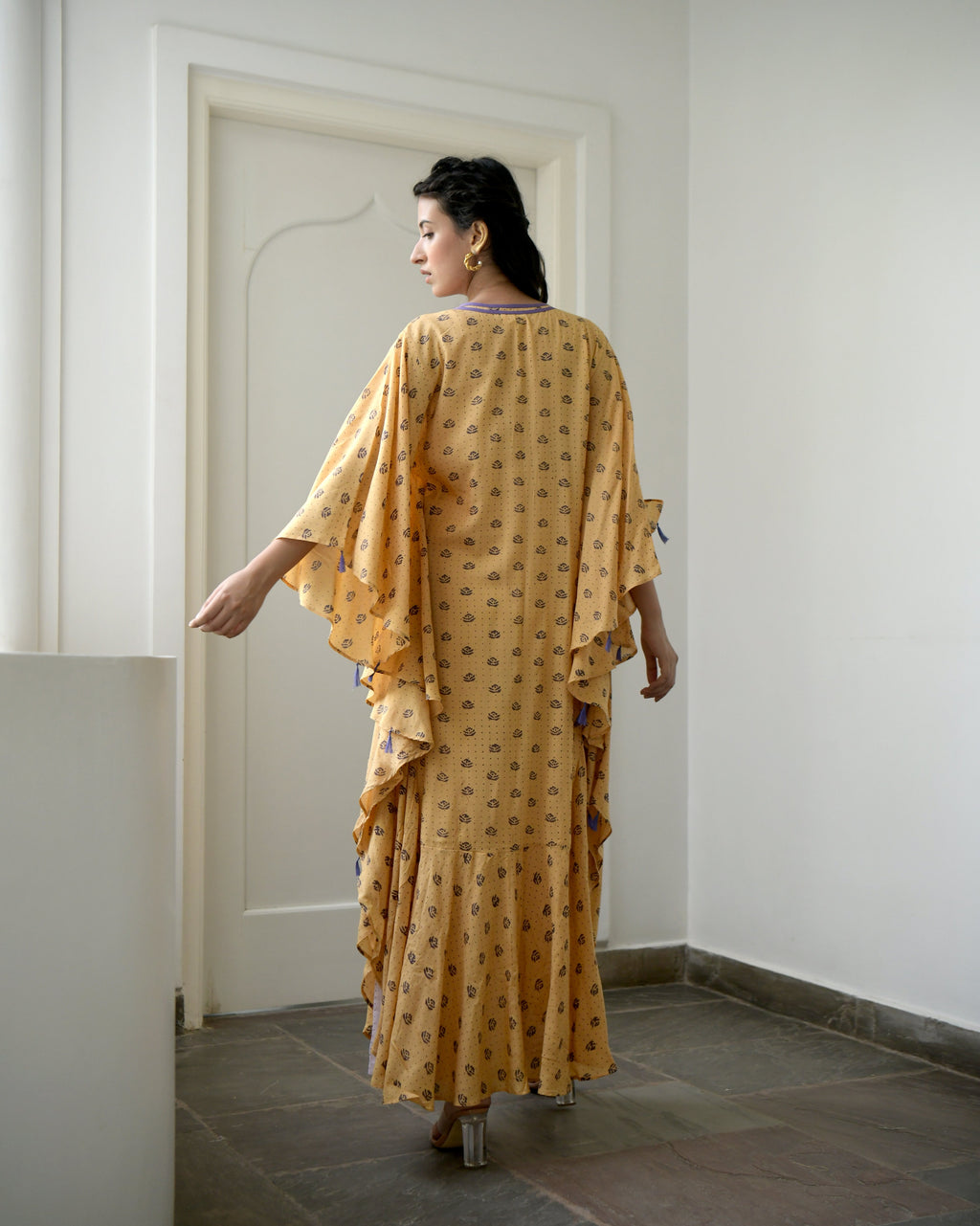 Yellow Printed Kaftan by Taro with Evening Wear, Gulzar by Taro, July Sale, July Sale 2023, Kaftans, Maxi Dresses, Modal silk, Natural, Prints, Relaxed Fit, Womenswear, Yellow at Kamakhyaa for sustainable fashion