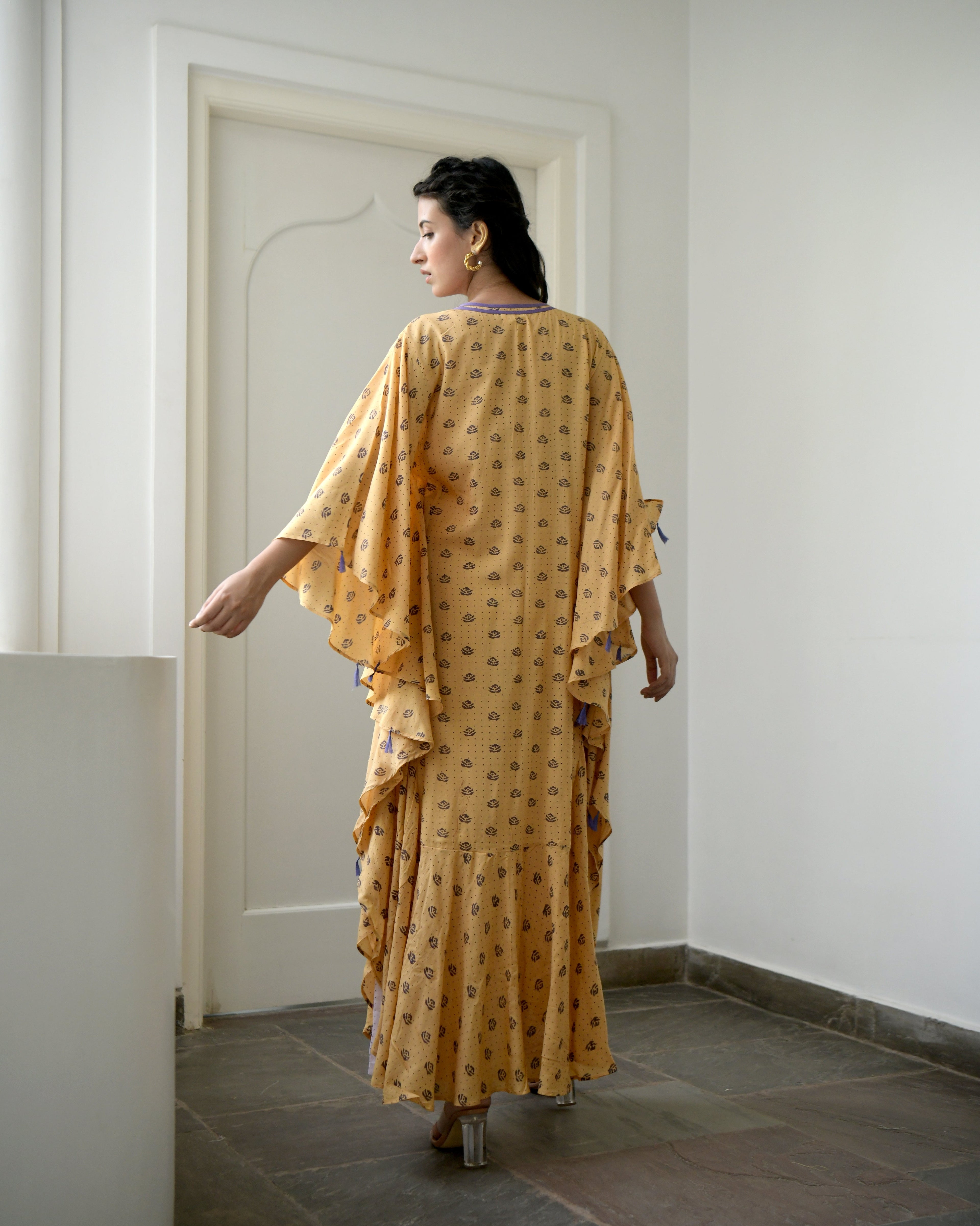 Yellow Printed Kaftan by Taro with Evening Wear, Gulzar by Taro, July Sale, July Sale 2023, Kaftans, Maxi Dresses, Modal silk, Natural, Prints, Relaxed Fit, Womenswear, Yellow at Kamakhyaa for sustainable fashion