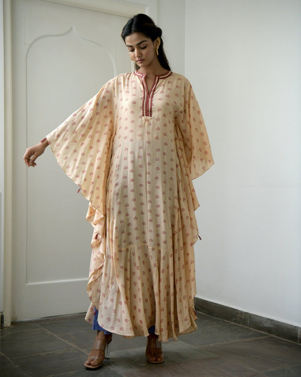 Brown Silk Printed Kaftan by Taro with Brown, Evening Wear, fall, Gulzar by Taro, July Sale, July Sale 2023, Kaftans, Maxi Dresses, Modal SIlk, Natural, Prints, Regular Fit, Womenswear at Kamakhyaa for sustainable fashion