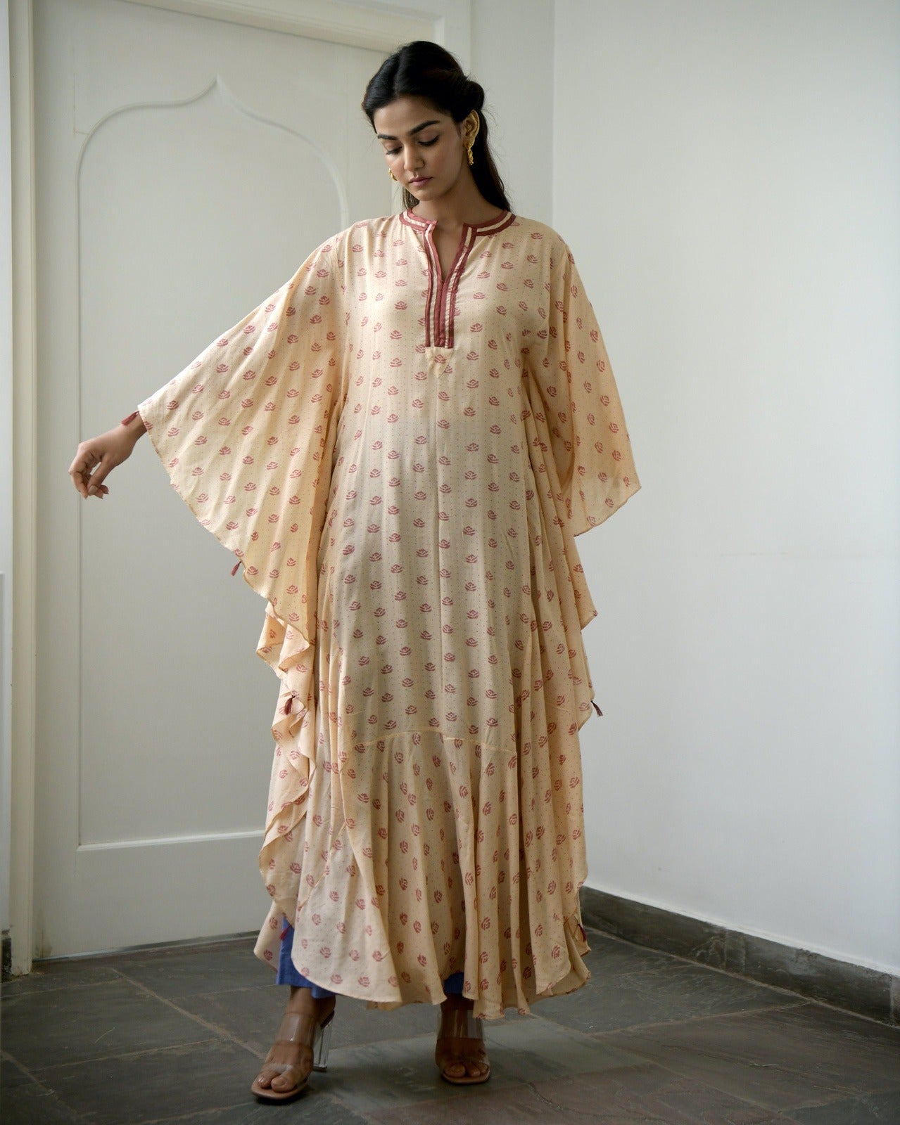 Brown Silk Printed Kaftan by Taro with Brown, Evening Wear, fall, Gulzar by Taro, July Sale, July Sale 2023, Kaftans, Maxi Dresses, Modal SIlk, Natural, Prints, Regular Fit, Womenswear at Kamakhyaa for sustainable fashion