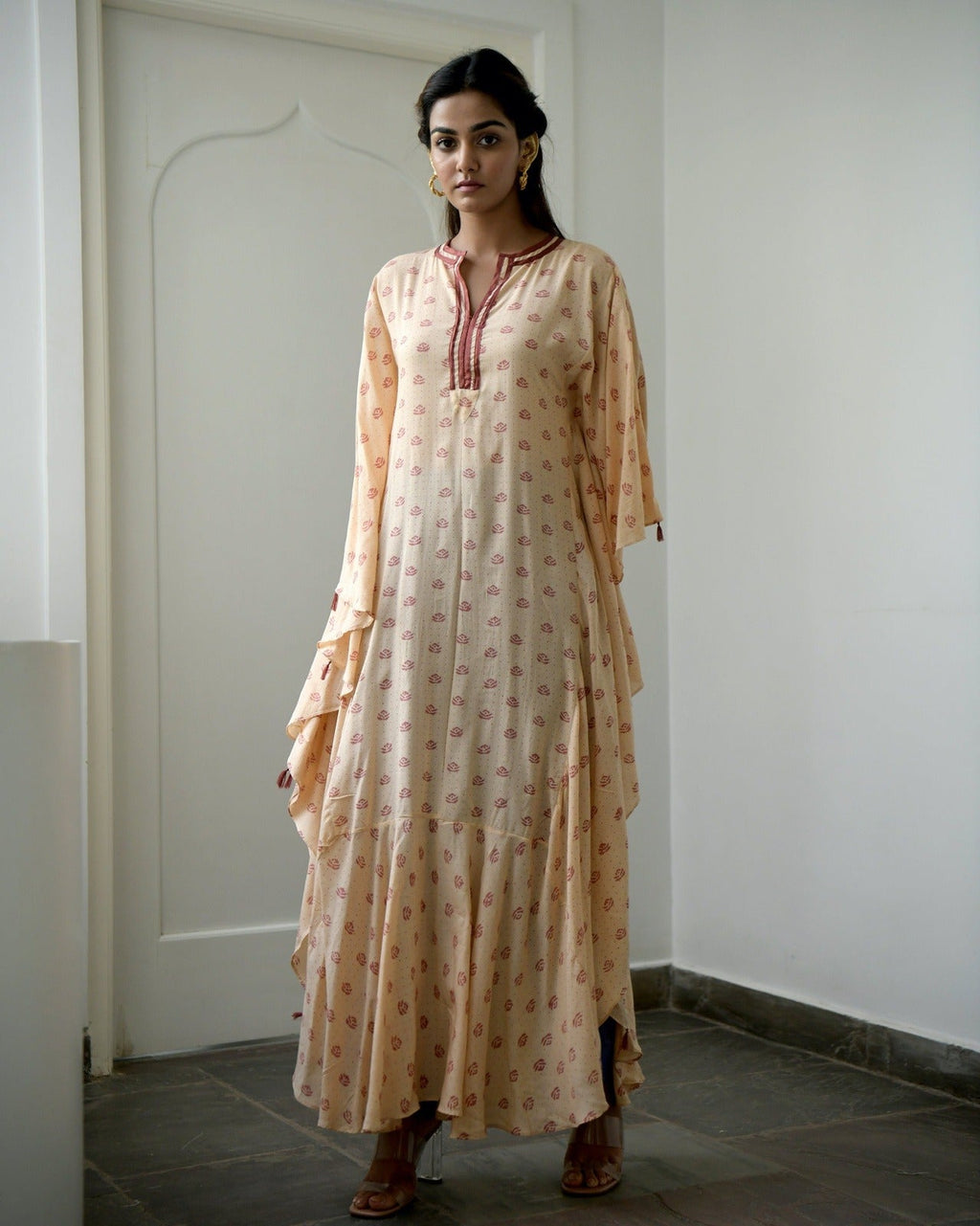 Brown Silk Printed Kaftan by Taro with Brown, Evening Wear, fall, Gulzar by Taro, July Sale, July Sale 2023, Kaftans, Maxi Dresses, Modal SIlk, Natural, Prints, Regular Fit, Womenswear at Kamakhyaa for sustainable fashion