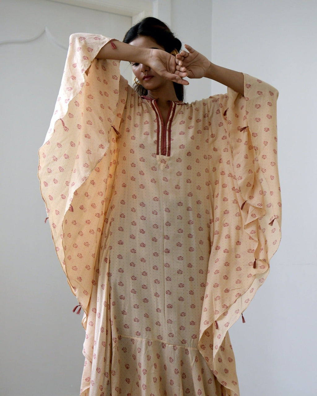 Brown Silk Printed Kaftan by Taro with Brown, Evening Wear, fall, Gulzar by Taro, July Sale, July Sale 2023, Kaftans, Maxi Dresses, Modal SIlk, Natural, Prints, Regular Fit, Womenswear at Kamakhyaa for sustainable fashion