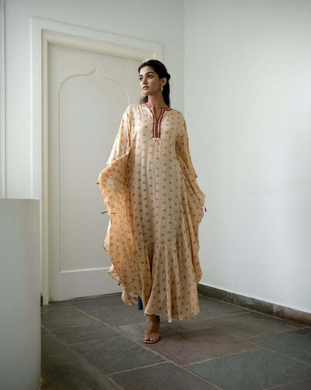 Brown Silk Printed Kaftan by Taro with Brown, Evening Wear, fall, Gulzar by Taro, July Sale, July Sale 2023, Kaftans, Maxi Dresses, Modal SIlk, Natural, Prints, Regular Fit, Womenswear at Kamakhyaa for sustainable fashion