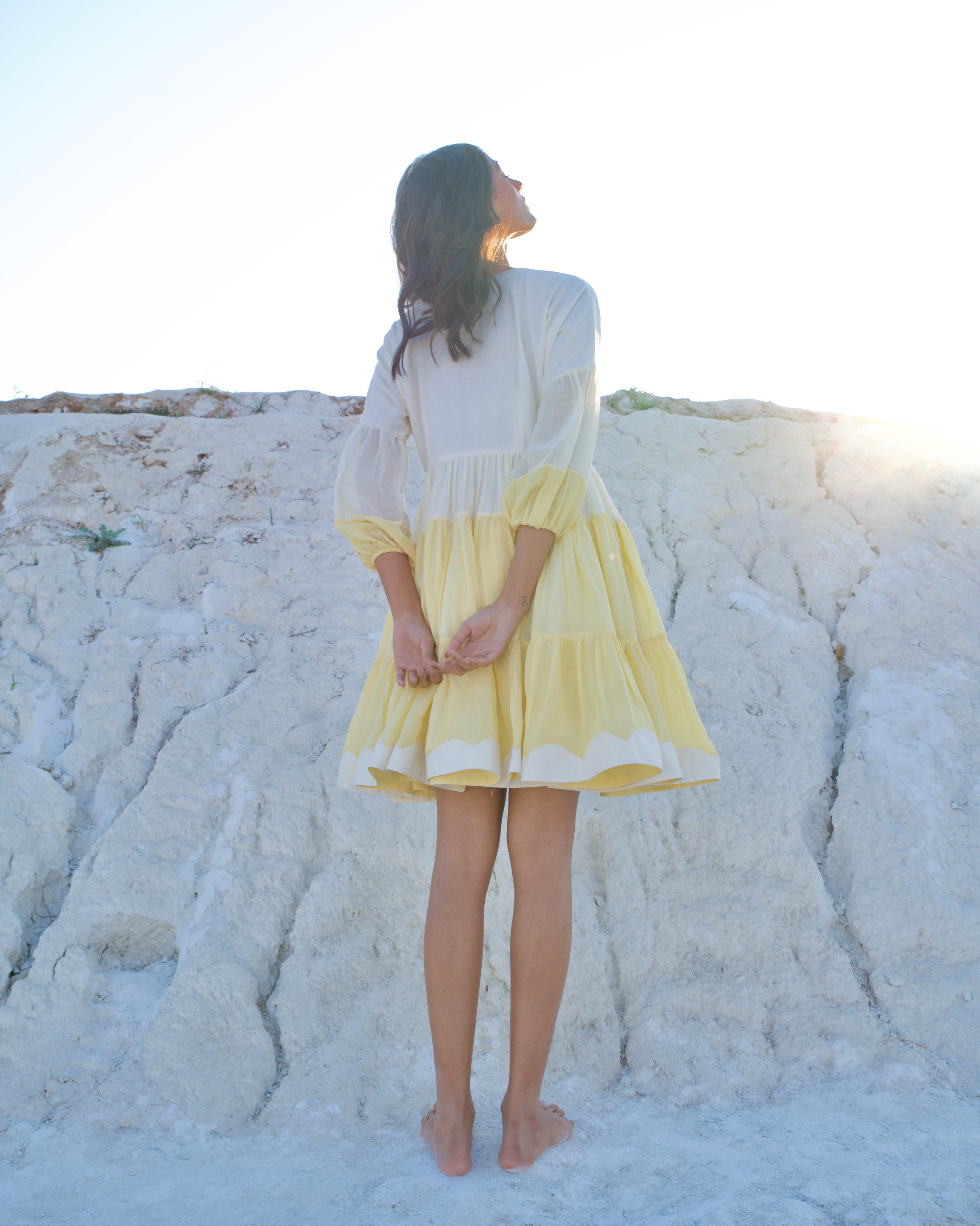 White Silk Mini Dress by The Loom Art with Aurora by The Loom Art, Casual Wear, Chanderi Silk, July Sale, July Sale 2023, Loose Fit, Mini Dresses, Ombre & Dyes, Organic, Tiered Dresses, White, Womenswear at Kamakhyaa for sustainable fashion