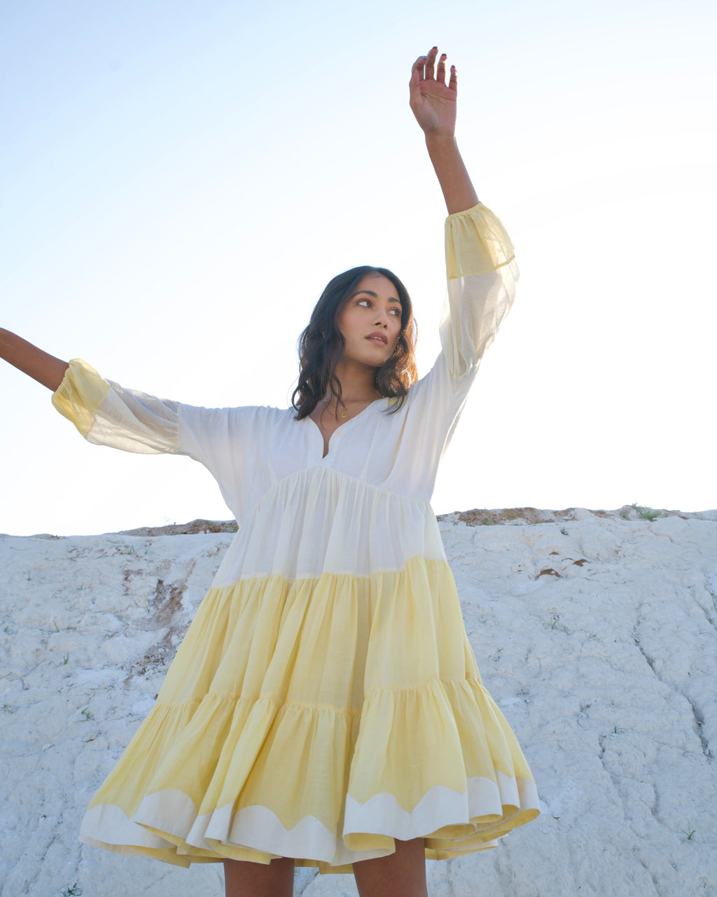 White Silk Mini Dress by The Loom Art with Aurora by The Loom Art, Casual Wear, Chanderi Silk, July Sale, July Sale 2023, Loose Fit, Mini Dresses, Ombre & Dyes, Organic, Tiered Dresses, White, Womenswear at Kamakhyaa for sustainable fashion