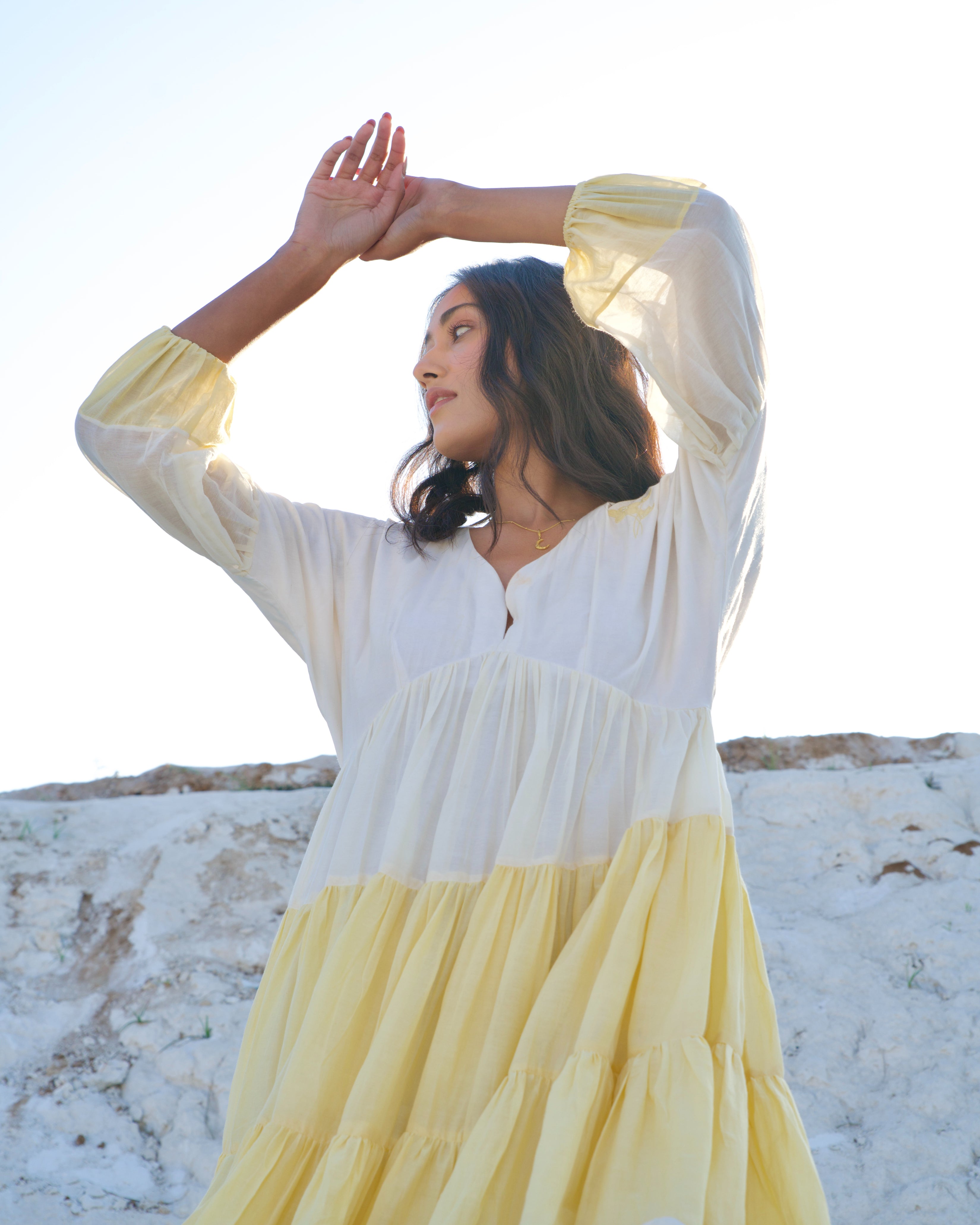 White Silk Mini Dress by The Loom Art with Aurora by The Loom Art, Casual Wear, Chanderi Silk, July Sale, July Sale 2023, Loose Fit, Mini Dresses, Ombre & Dyes, Organic, Tiered Dresses, White, Womenswear at Kamakhyaa for sustainable fashion