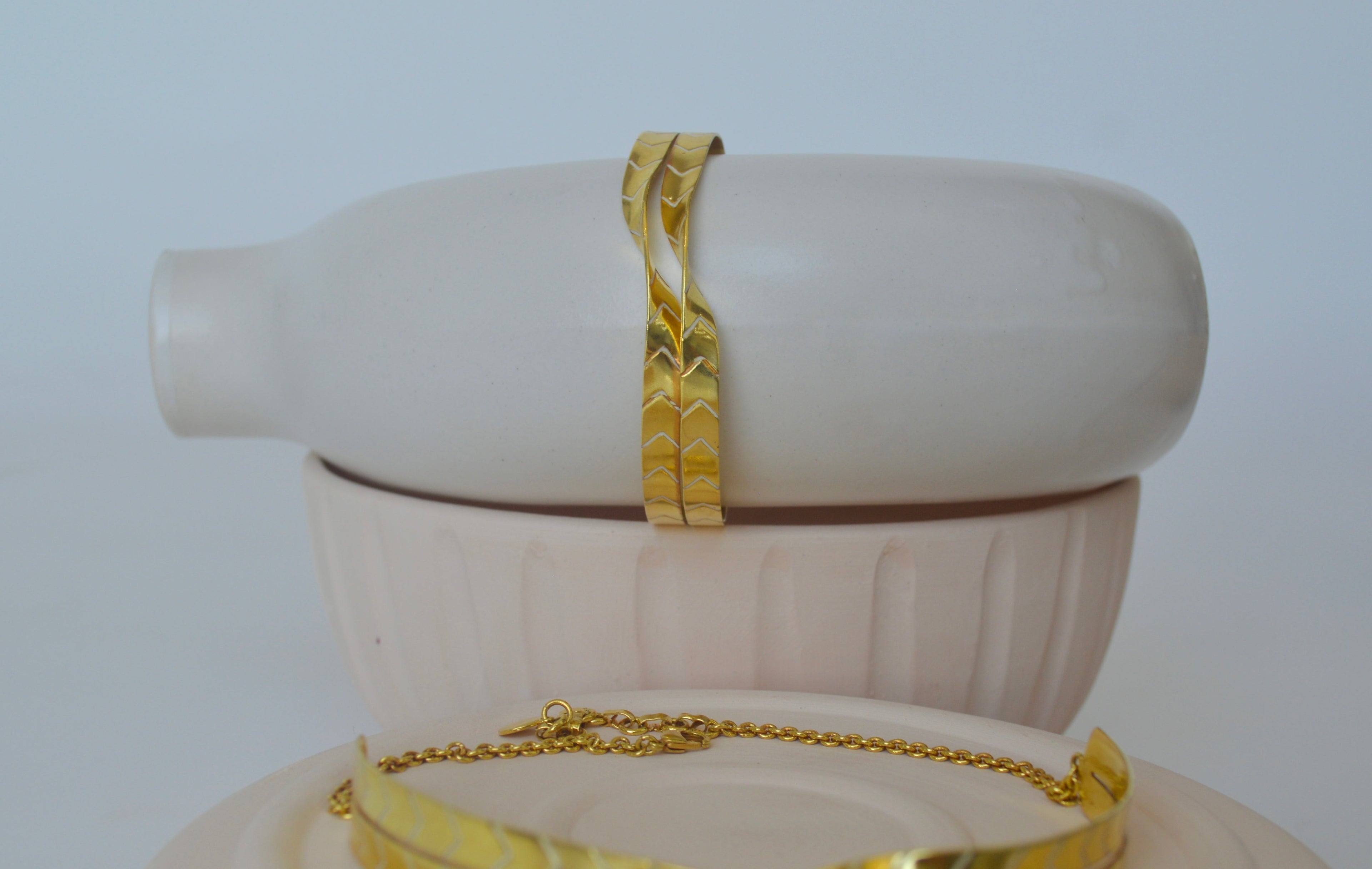 Gold Brass Twisted Enamel Bracelets by The Loom Art with Add Ons, Bracelets, Brass, Cosmic Dream by The Loom Art, Fashion Jewellery, Free Size, Gold, Gold Plated, jewelry, Natural, Office Wear Jewellery, Textured at Kamakhyaa for sustainable fashion