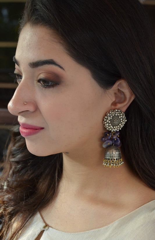 Blue Jhumkas Chaandrani by House Of Heer with Alloy Metal, Blue, Festive Jewellery, Festive Wear, Free Size, Gemstone, jewelry, July Sale, July Sale 2023, Long Earrings, Natural, Solids at Kamakhyaa for sustainable fashion